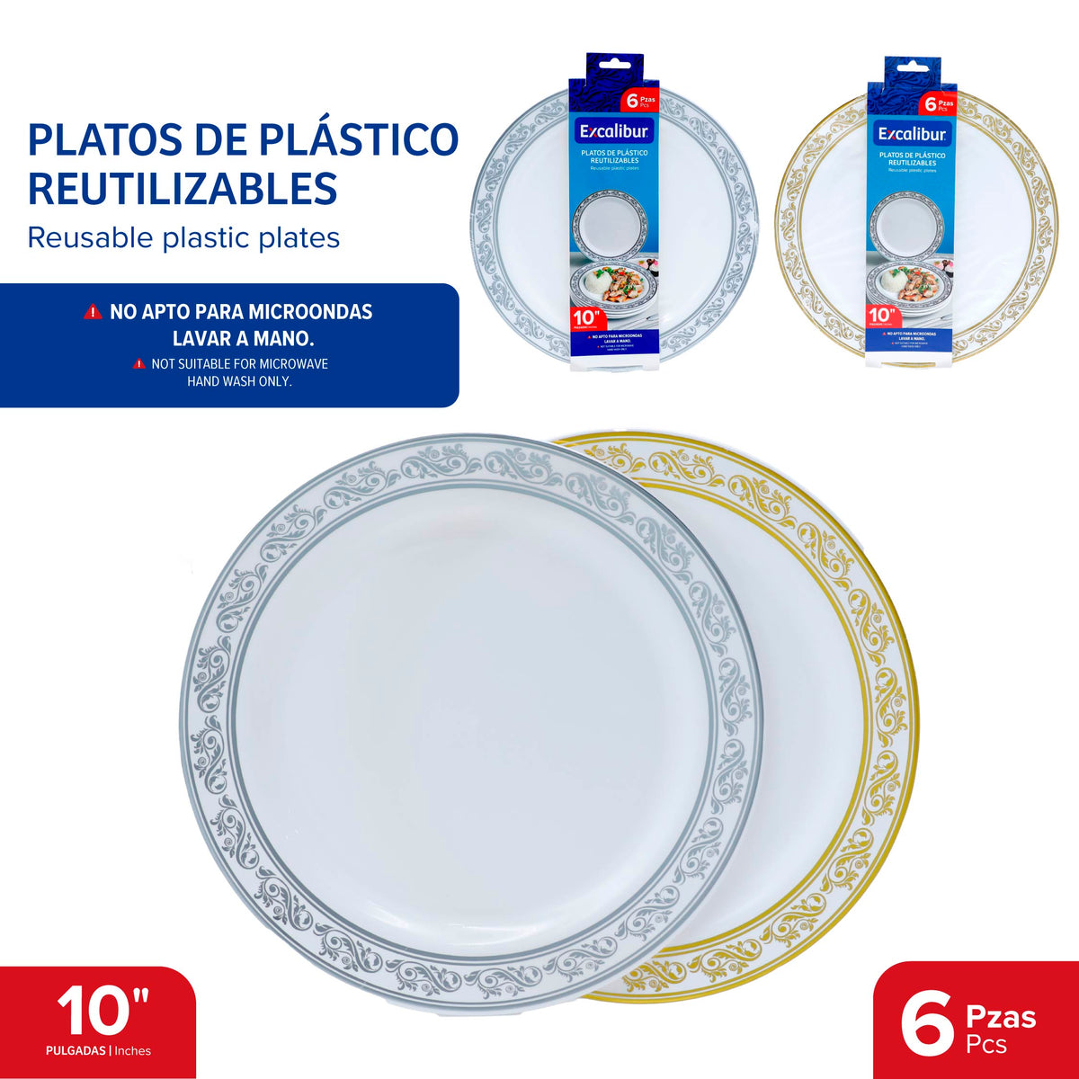 Set de 6 Platos Redondos de Plástico Reutilizables 10" Excalibur EX-PTC-1028-6