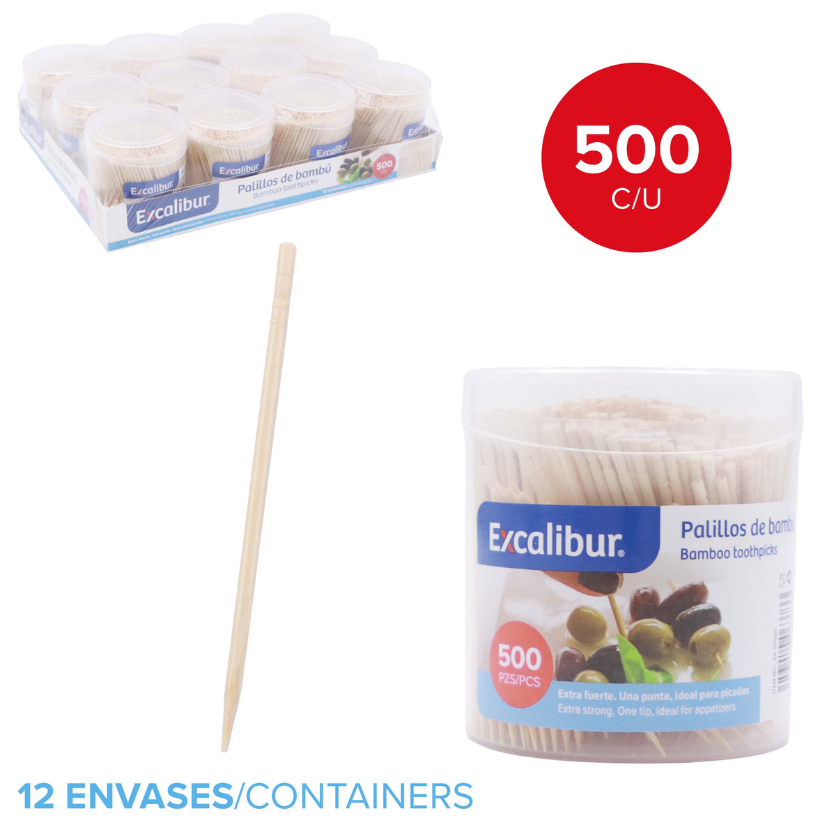 (LLEGANDO 25 DE SEPT) Palillos de Bambú para Dientes Extra Fuertes 500 Unidades Excalibur EX-TP600 *Se vende por Envase*