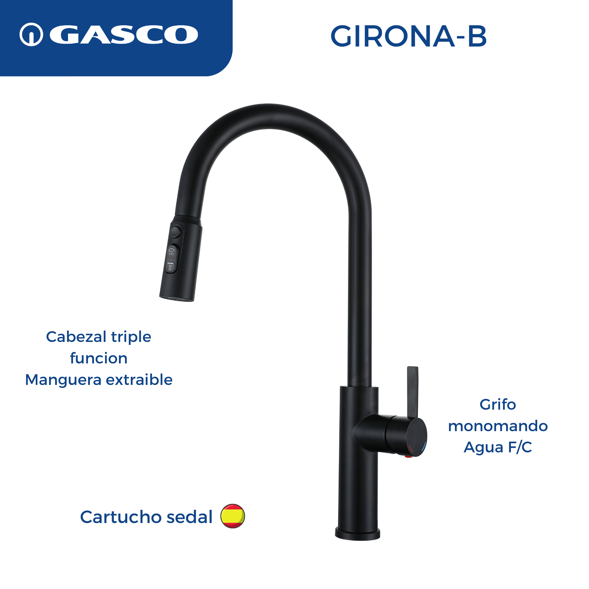 Grifo de Acero Inoxidable Negro GIRONA-B con Manguera Flexible Gasco GASCO