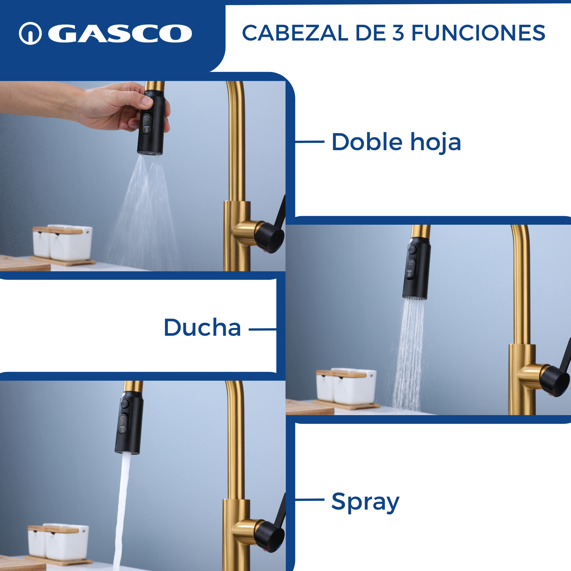 Grifo de Acero Inoxidable Dorado GIRONA-G con Manguera Flexible Gasco GASCO