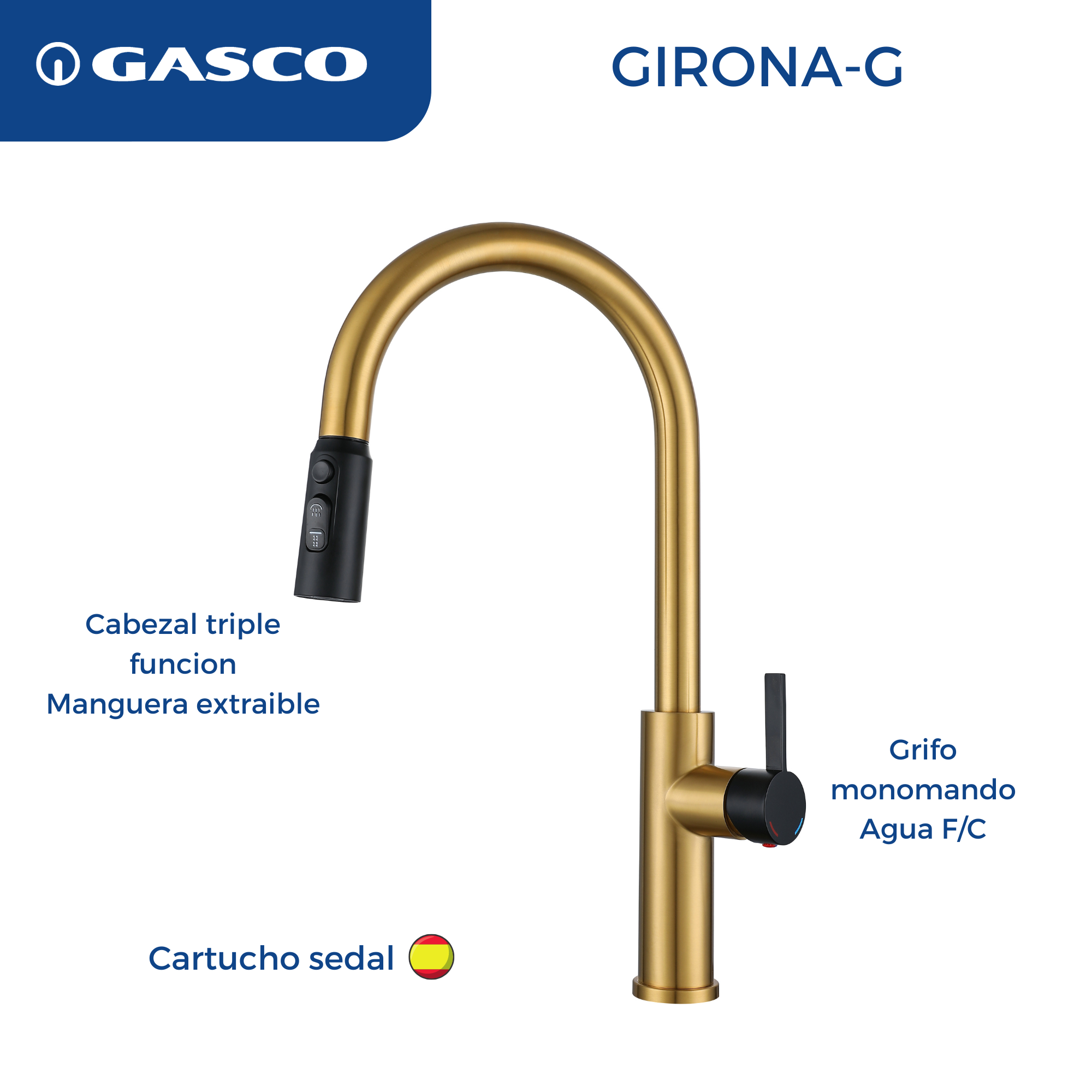 Grifo de Acero Inoxidable Dorado GIRONA-G con Manguera Flexible Gasco GASCO