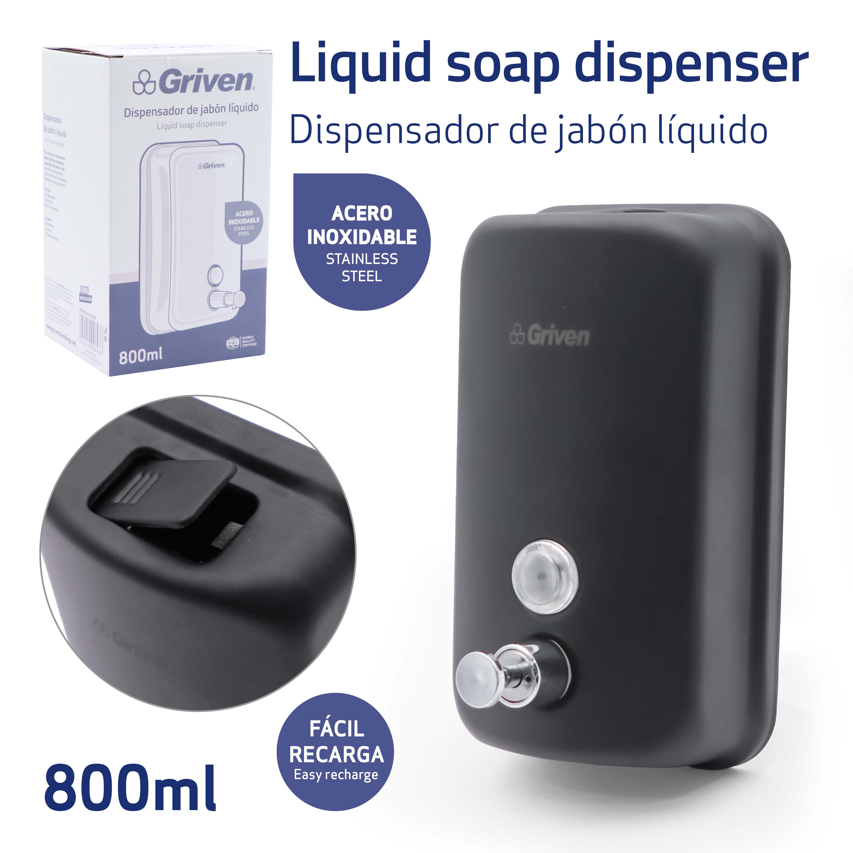 Dispensador de Jabón en Acero Inoxidable Negro 800ml Griven GV-SD-BS