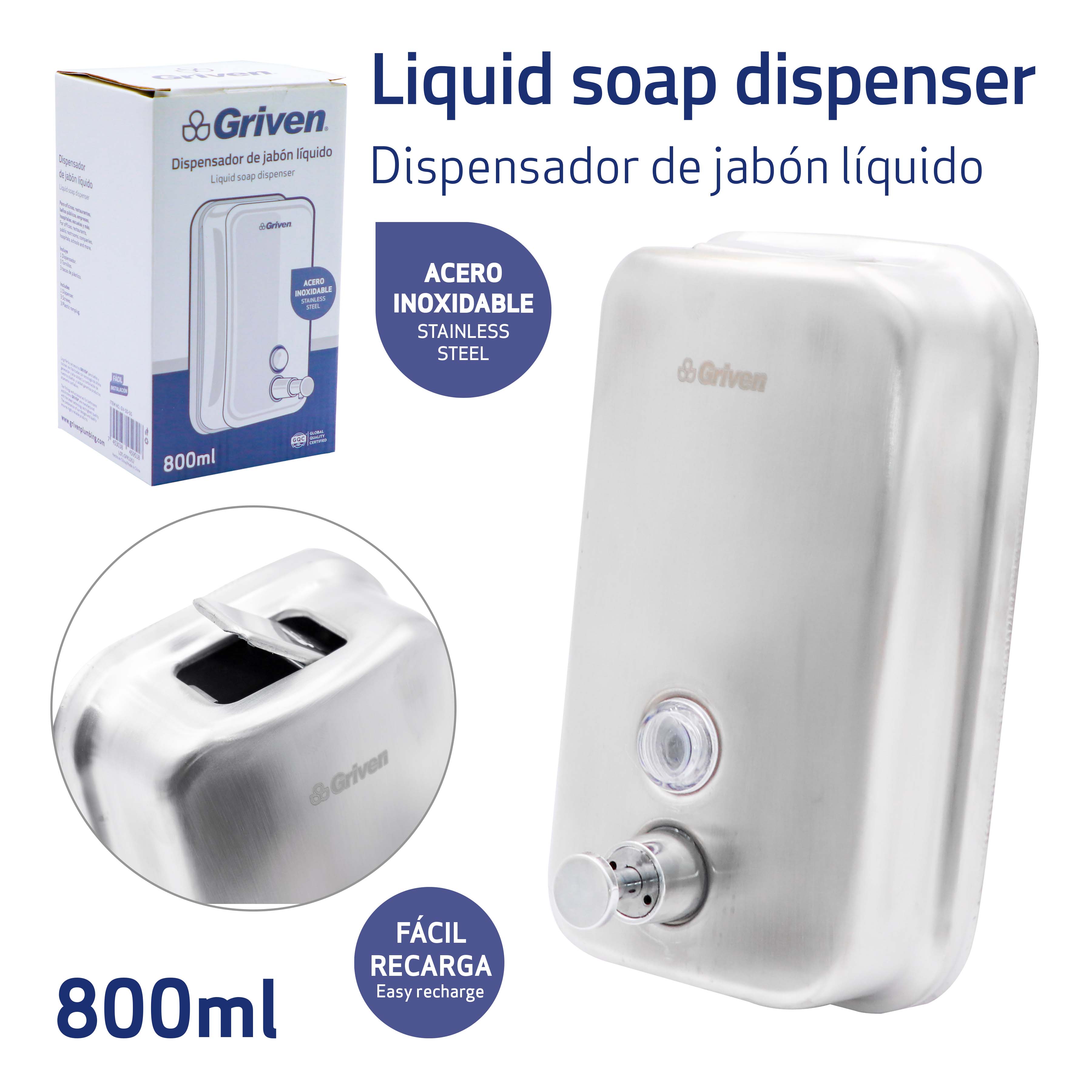 Dispensador de Jabón Liquido en Acero Inoxidable 800ml Griven GV-SD-SS