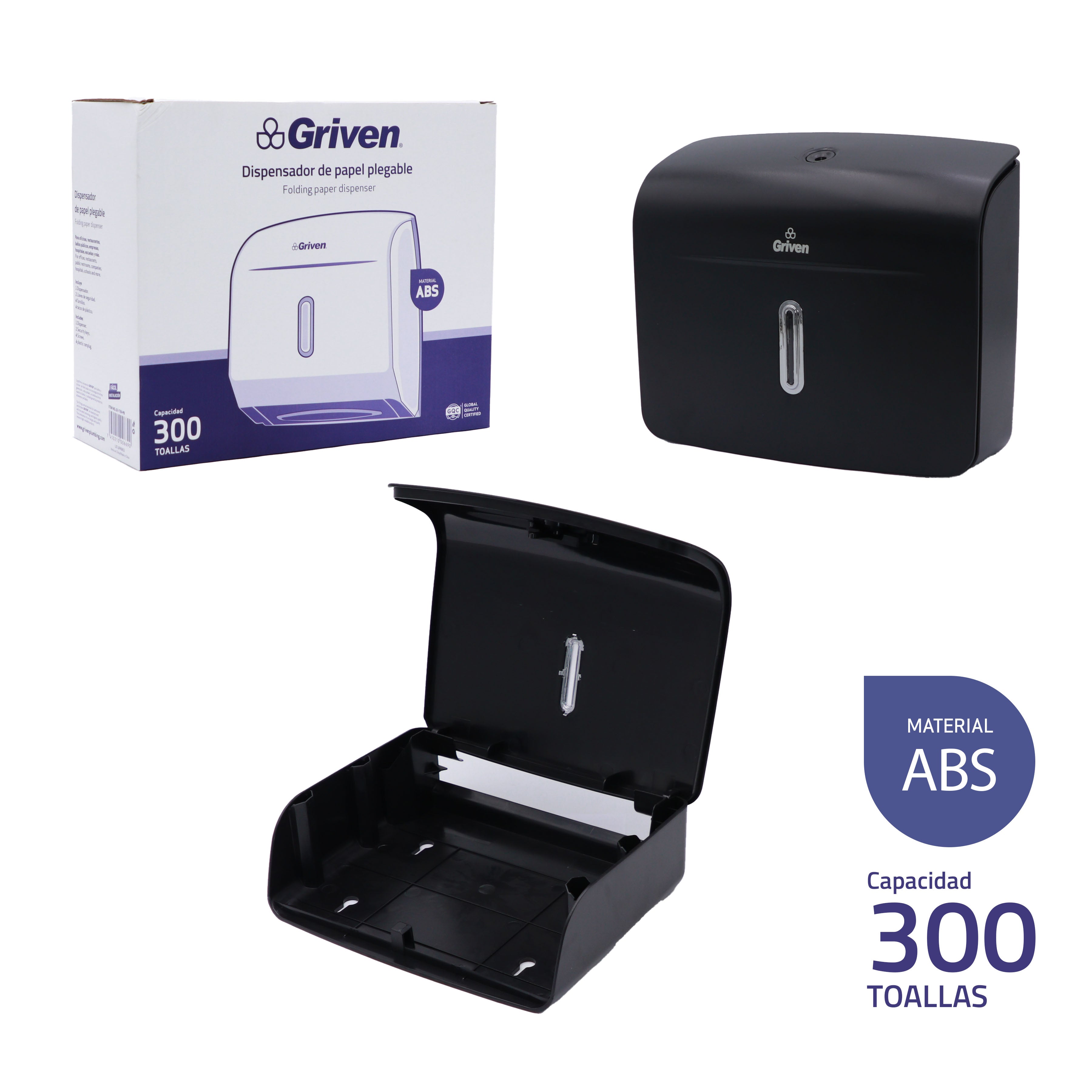 Dispensador de Papel Toalla Plegable 300 Toallas Plástico Negro Griven GV-TIB-PB
