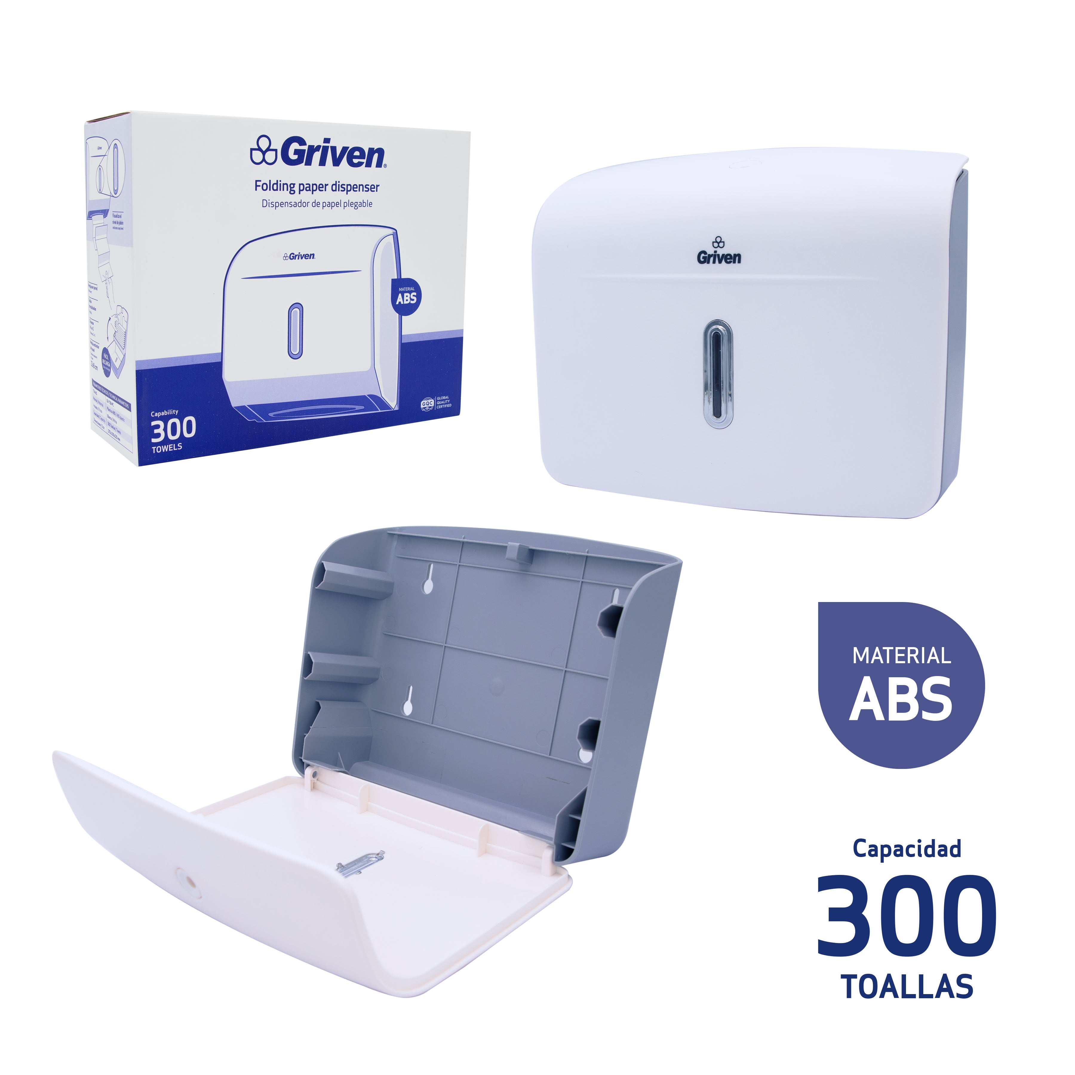Dispensador de Papel Toalla Plegable 300 Toallas Plástico Blanco Griven GV-TIB-PC