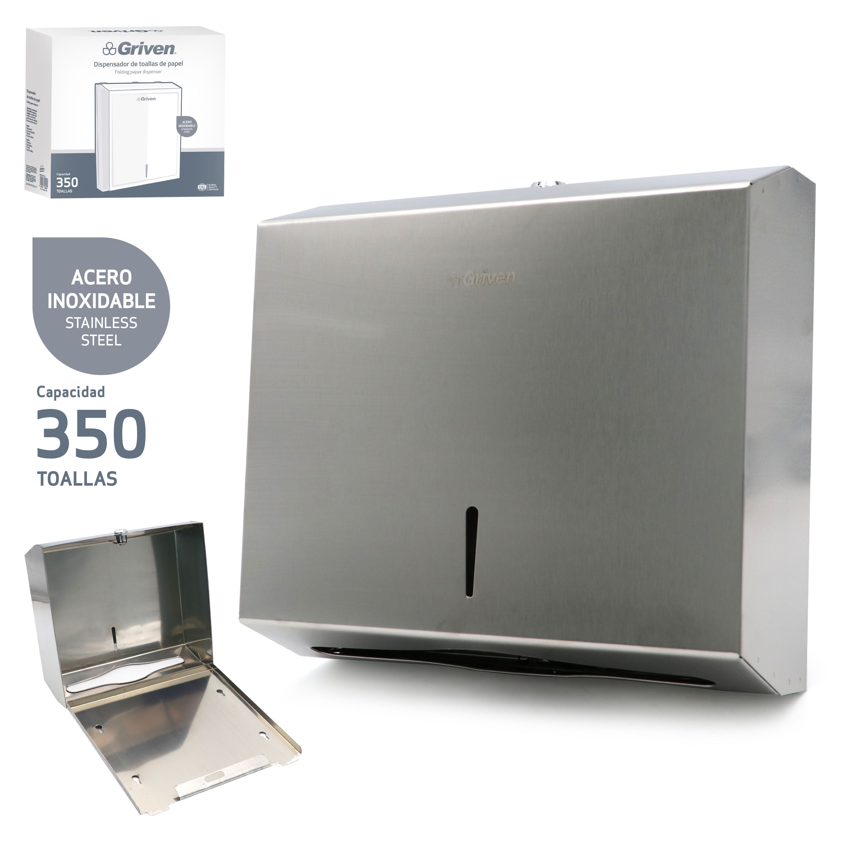 Dispensador de Papel Toalla Plegable 350 Toallas Acero Inoxidable Griven GV-TIB-SS