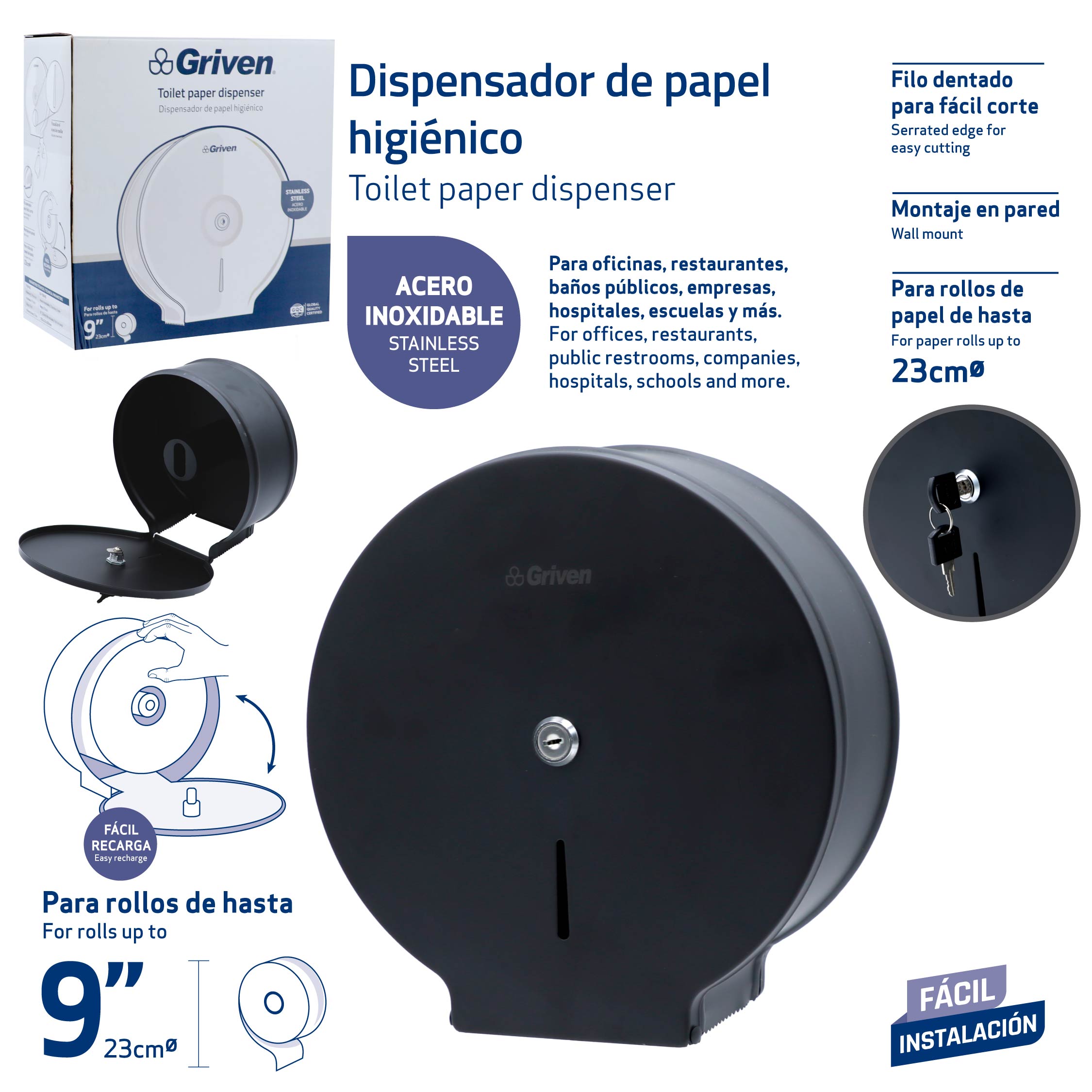 Dispensador de Papel Higiénico de Acero Inoxidable Negro 9" Griven GV-TOB-BS GRIVEN