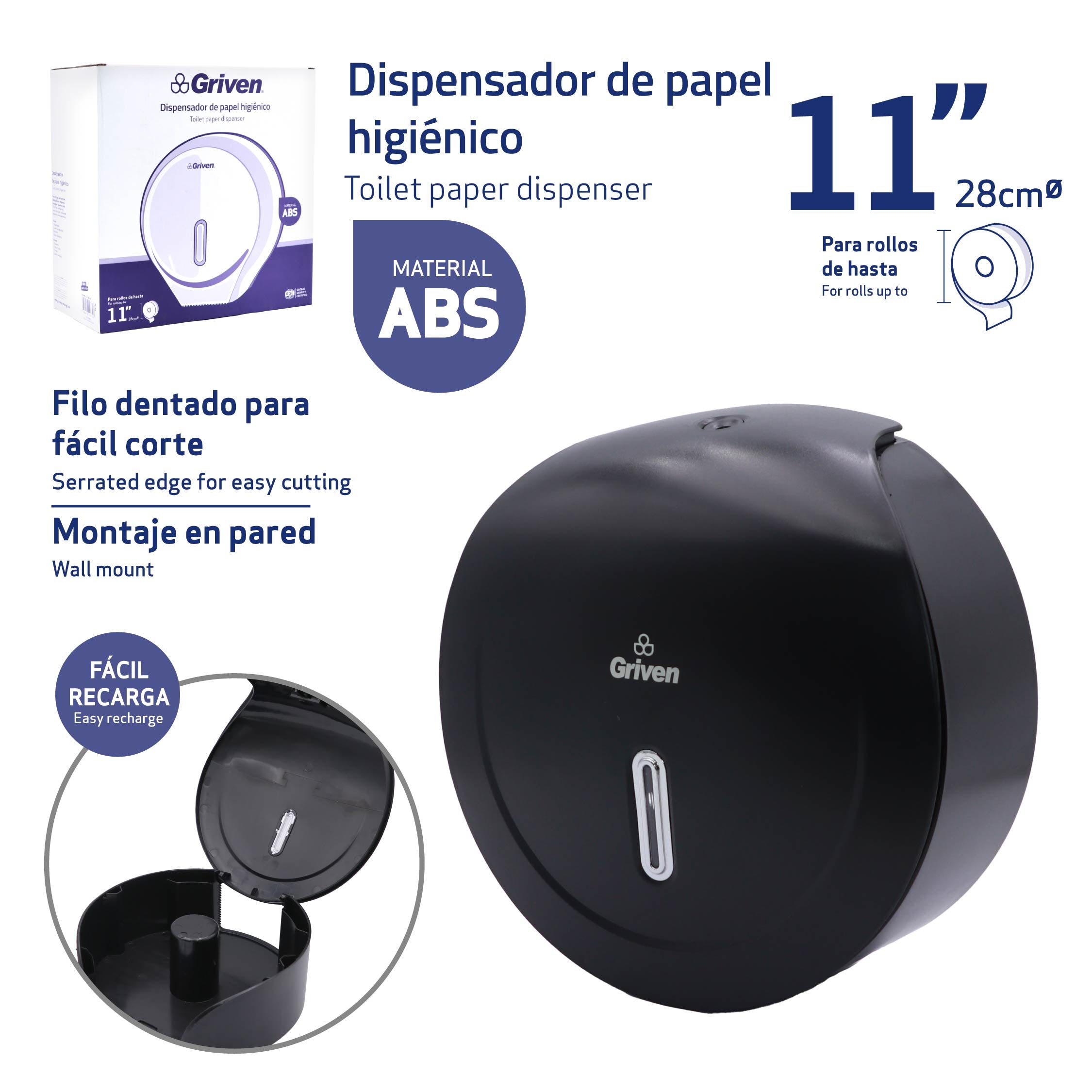 Dispensador de Papel Higiénico Negro 11" Griven GV-TOB-PB