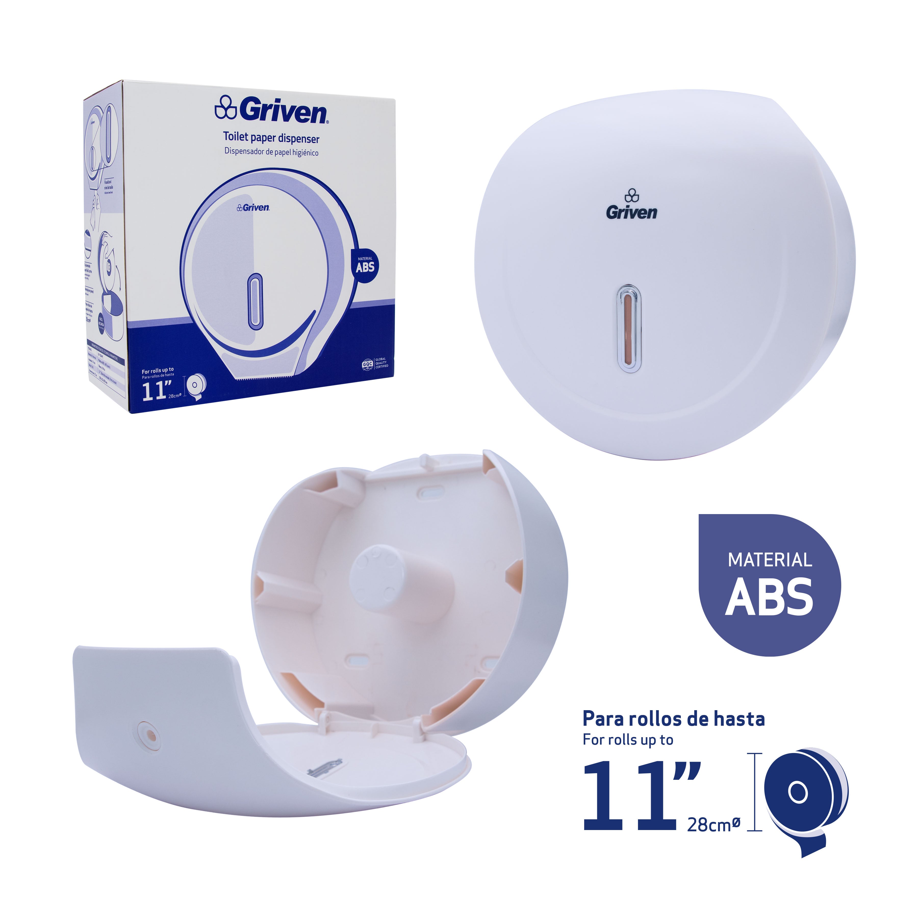 Dispensador de Papel Higiénico Plástico Blanco 11" Griven GV-TOB-PC GRIVEN