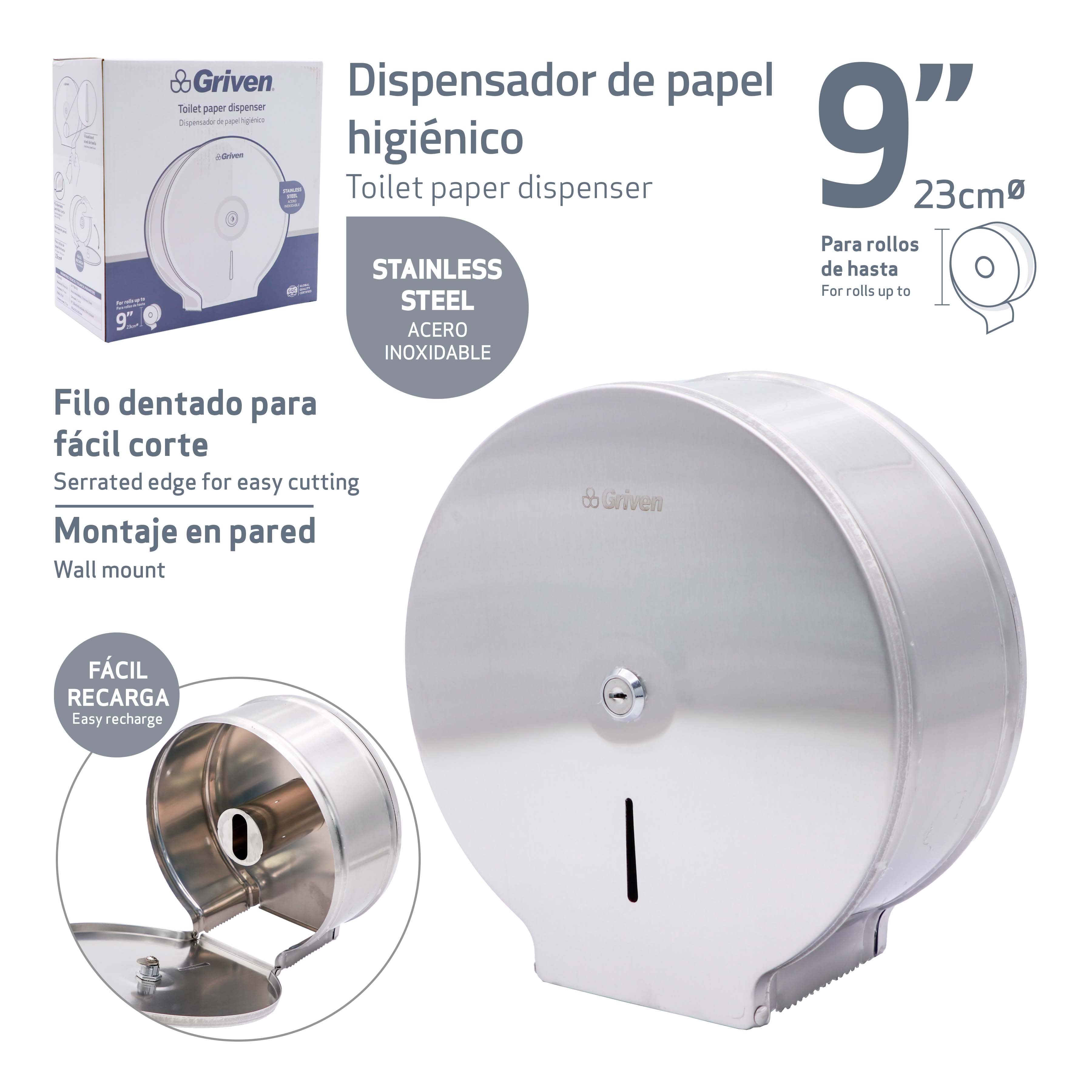 Dispensador de Papel Higiénico 9" de Acero Inoxidable Griven GV-TOB-SS GRIVEN