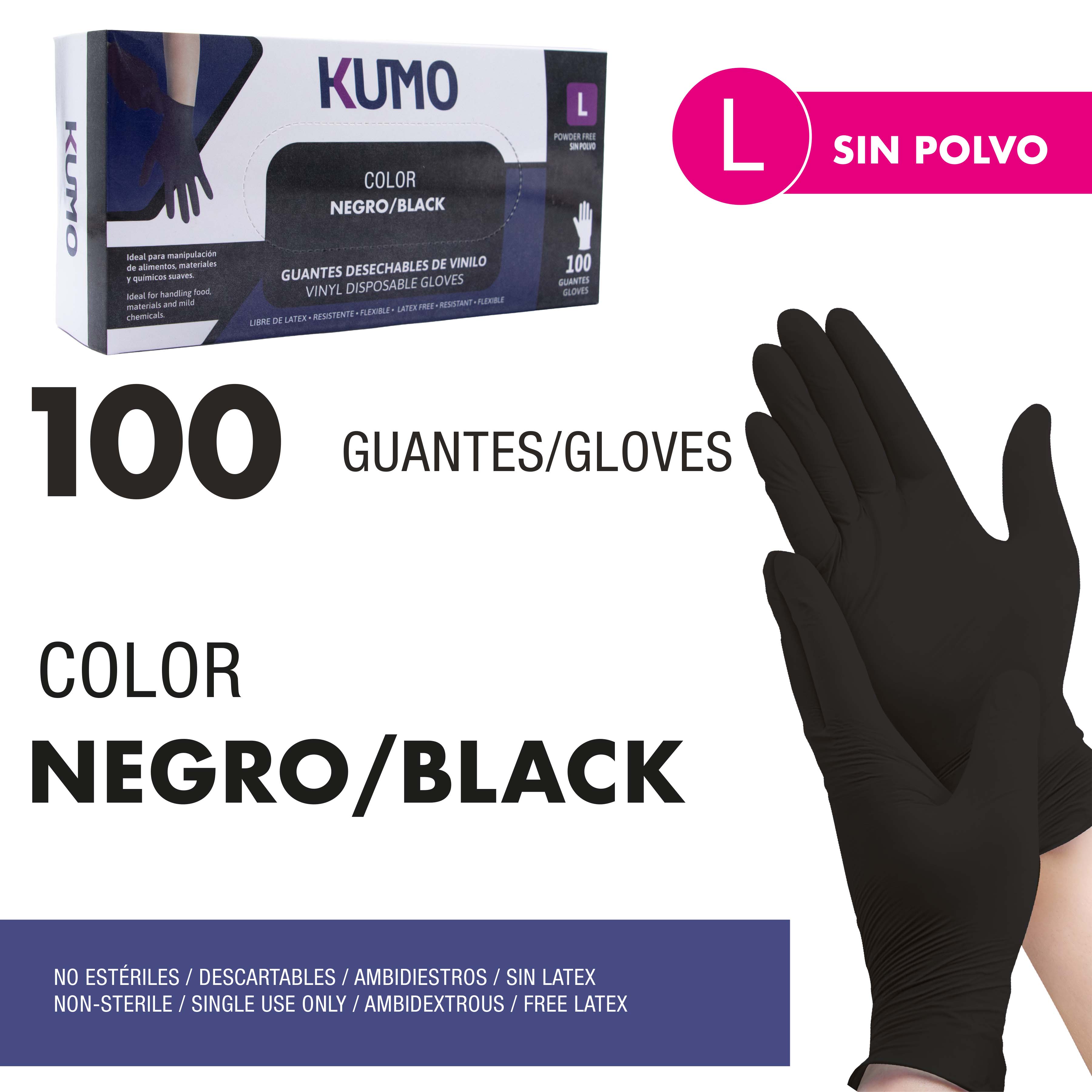 Guante Desechable de Vinilo 100pcs L Negro Sin Polvo GV-VN-L-BK EXCALIBUR
