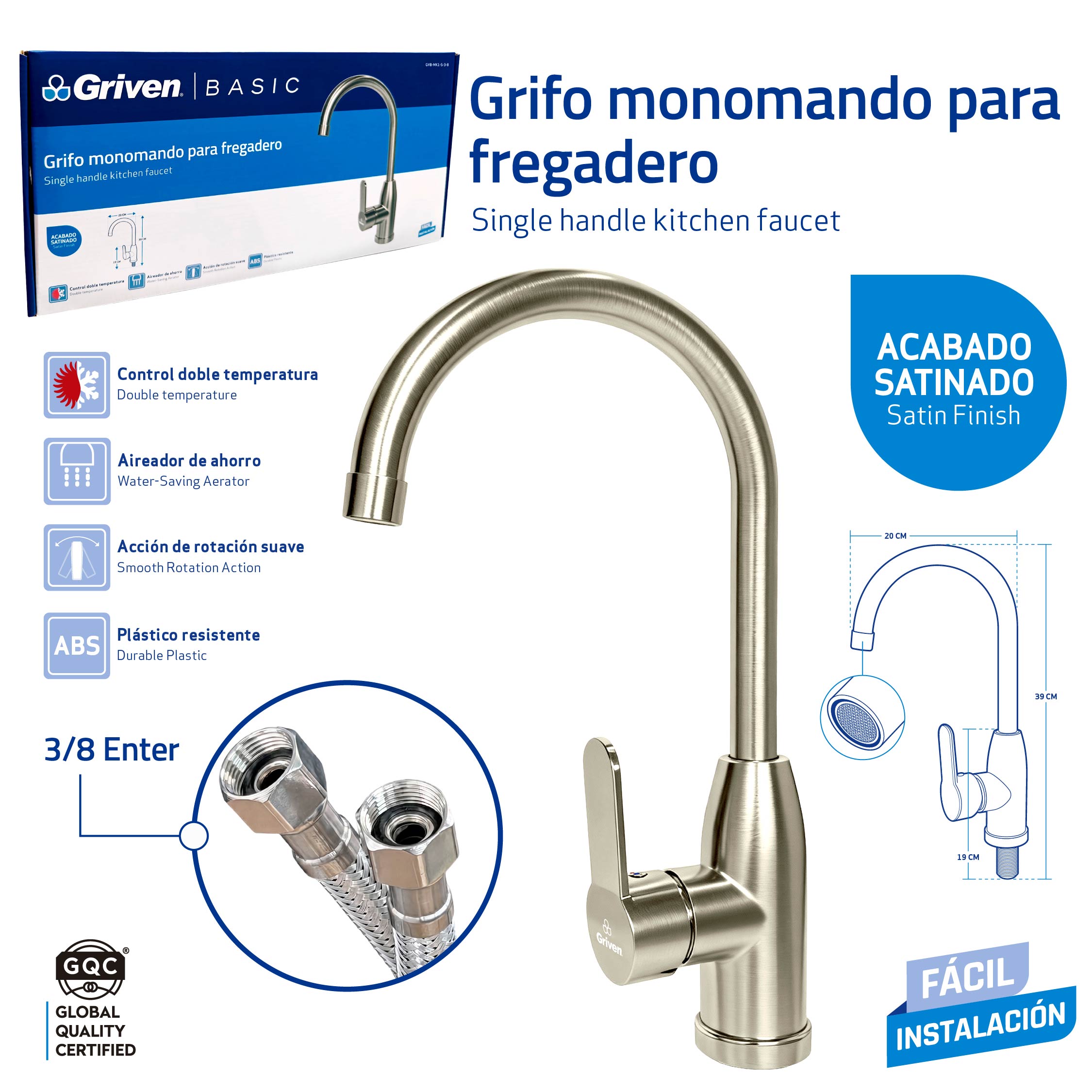 Grifo Monomando para Fregadero Griven Basic Satinado | GVB-MK1-S-3-8