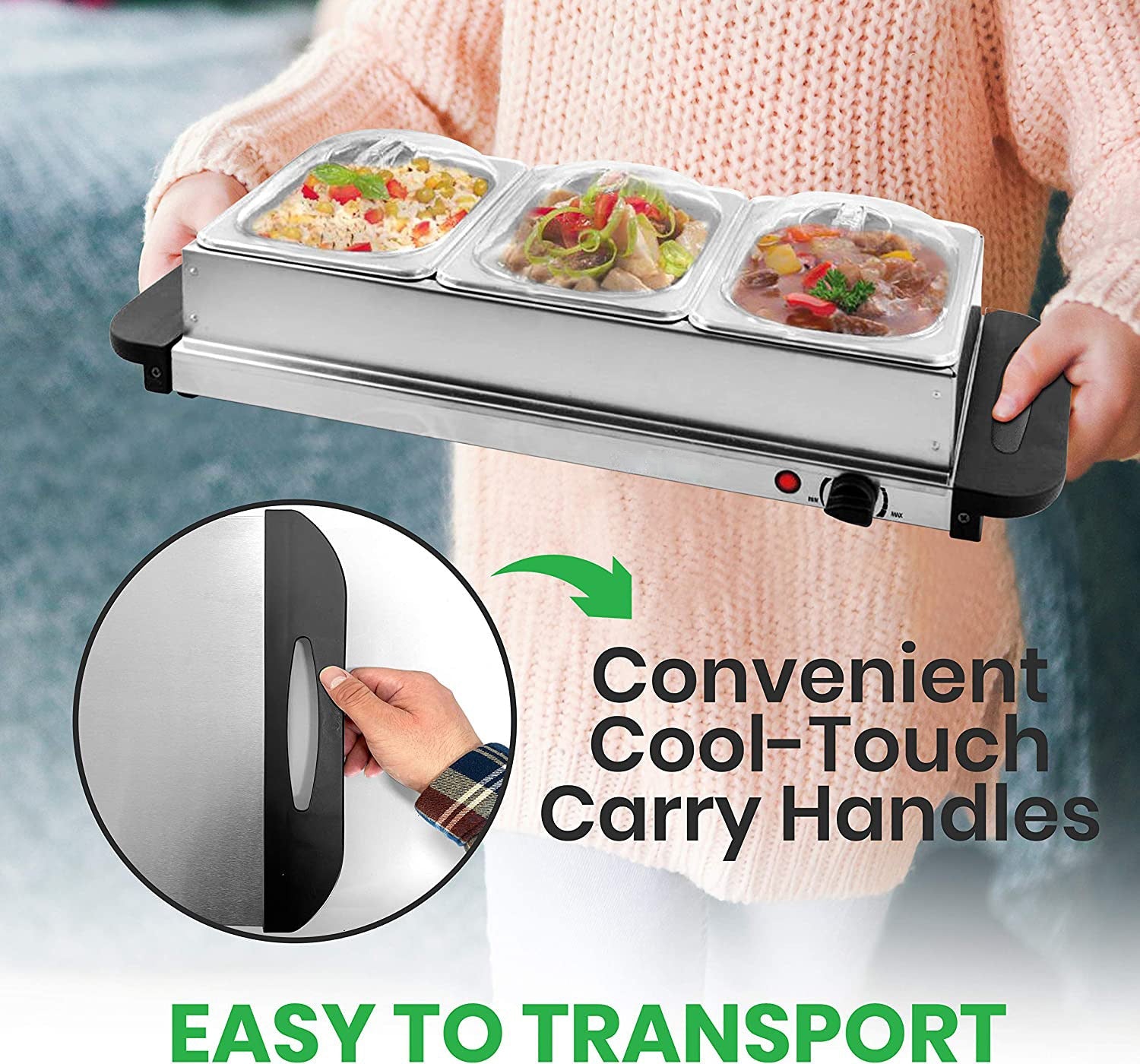 Chafing Dish con Placa Calefactora Eléctrico 3 Compartimentos HVB-300 Buffet. Selecto