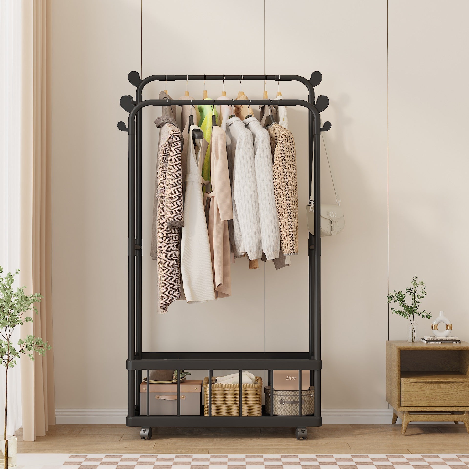 Perchero Tendedero de Ropa Multifuncional Moderno Negro con Rueditas 71x61x29.3cm FSK10945 Selecto