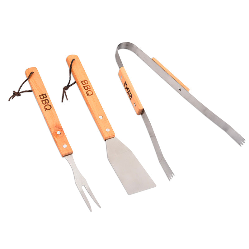 Set de BBQ 3 Piezas en Acero Inoxidable con Madera BP-2078 Utensilios. Trincha. Tenaza. Espátula. Pinza. Selecto