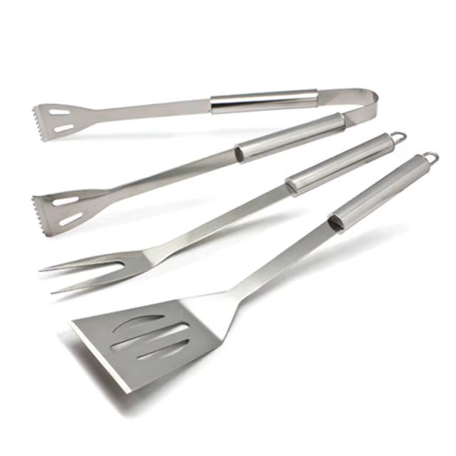 Set de BBQ 3 Piezas en Acero Inoxidable BP-2077 Utensilios. Trincha. Tenaza. Espátula. Pinza.