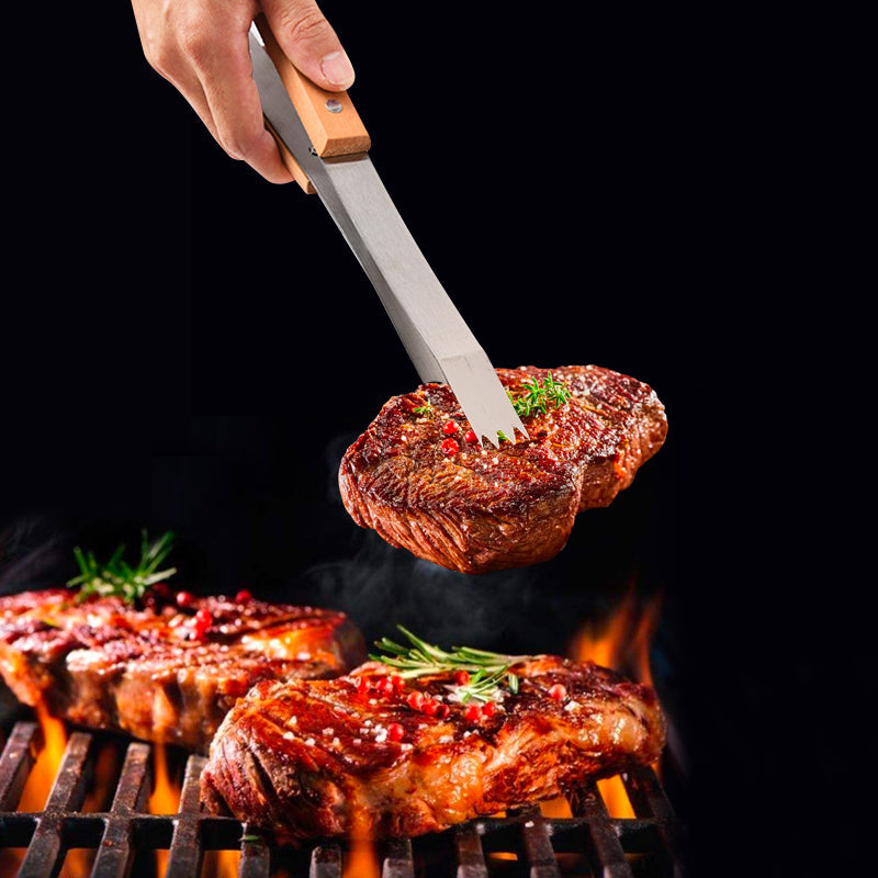 Set de BBQ 3 Piezas en Acero Inoxidable con Madera BP-2078 Utensilios. Trincha. Tenaza. Espátula. Pinza. Selecto