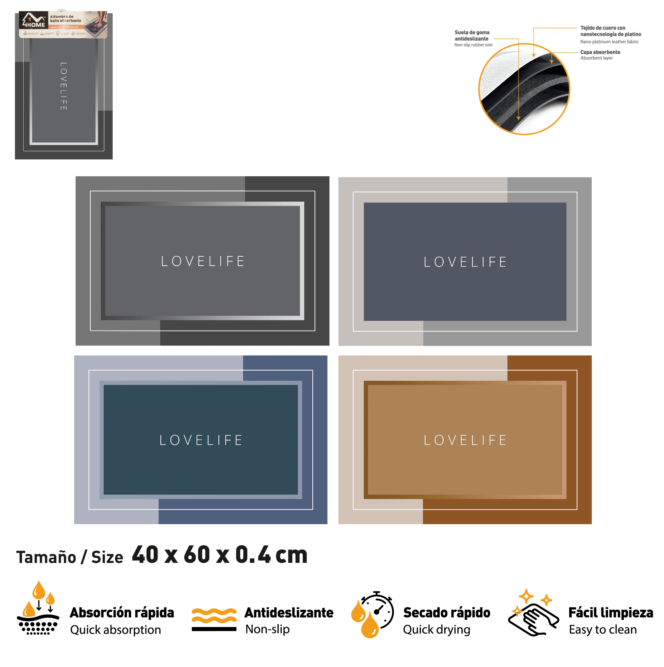 Alfombra para Baño Super Absorbente Rectangular 40x60x0.4cm HM-BMT4060-S Selecto