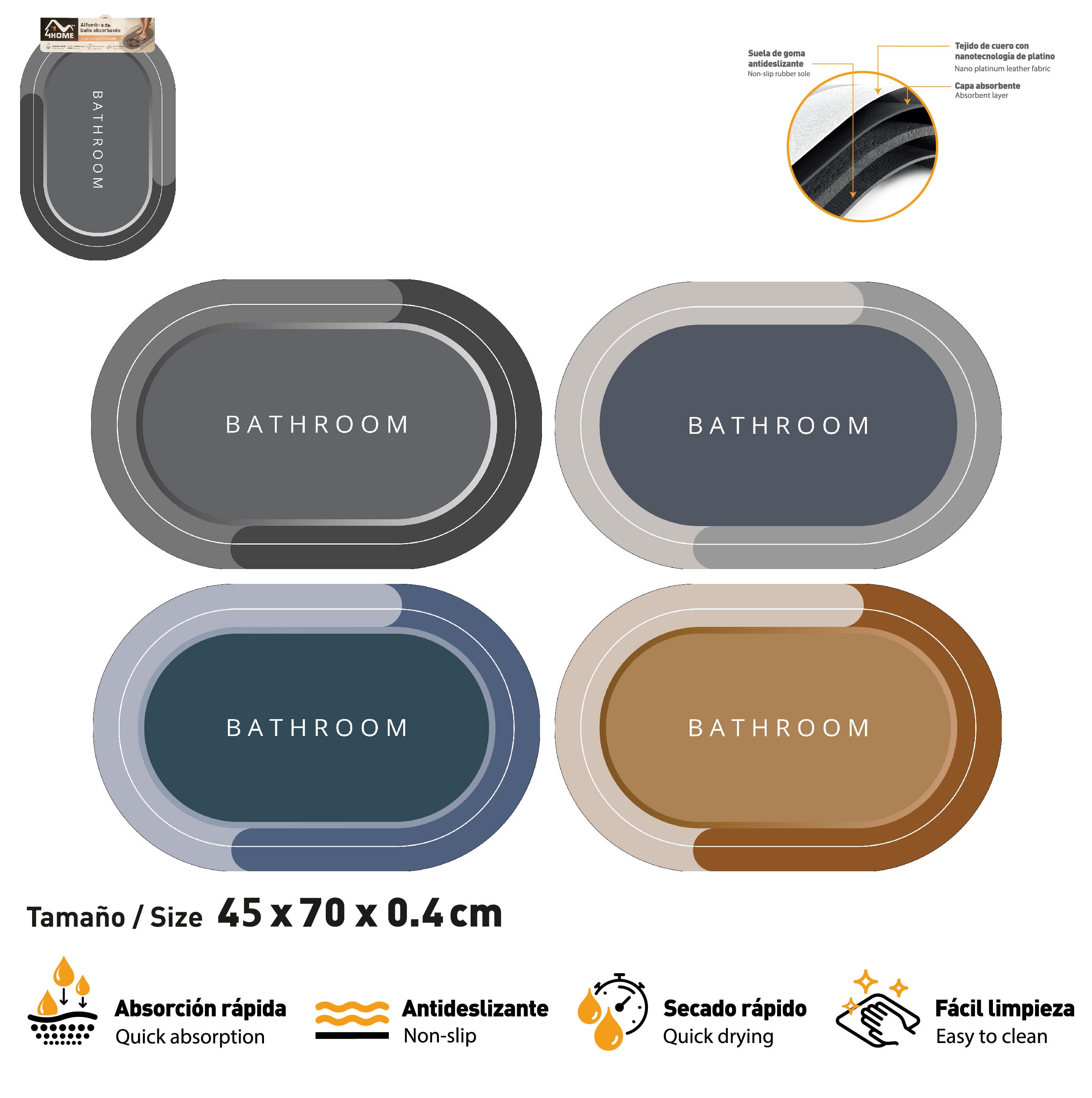 Alfombra Tapete Antideslizante Ovalado para Baño 45x70x0.4cm Super Absorbente HM-BMT4570 Selecto
