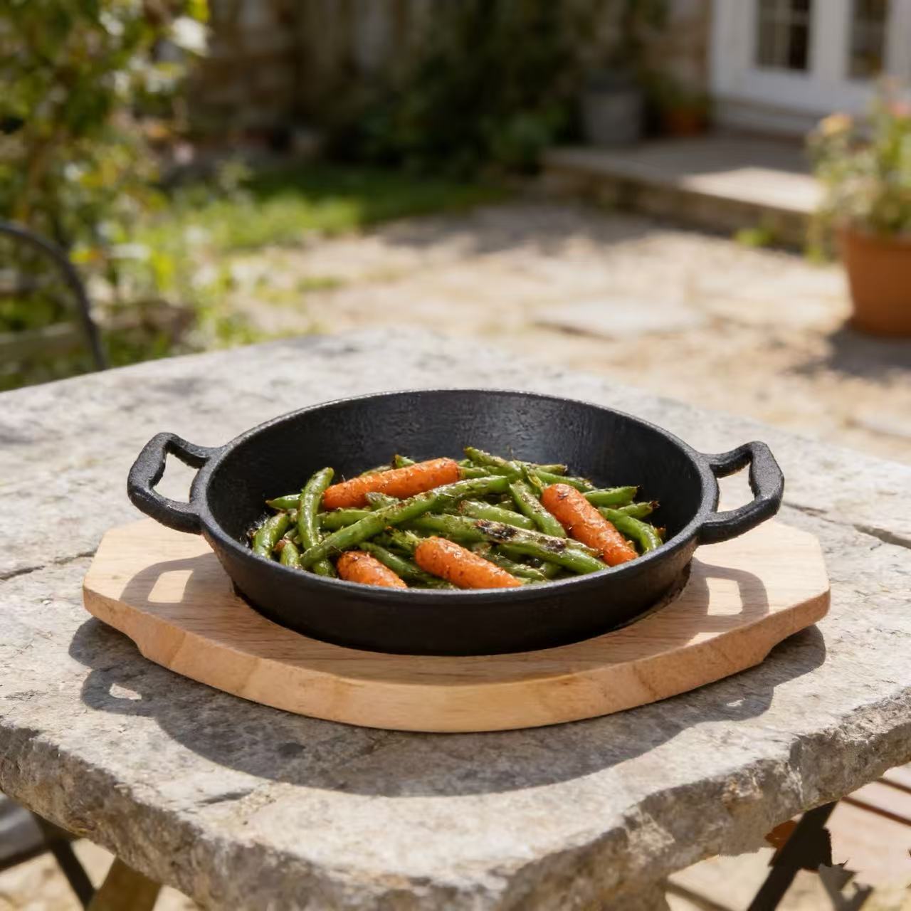 (LLEGANDO 7 DE AGOSTO) Sartén Bandeja Cacerola Redondo de Hierro Fundido 19 cm con Base de Madera | Para Servir y Cocinar | 41504