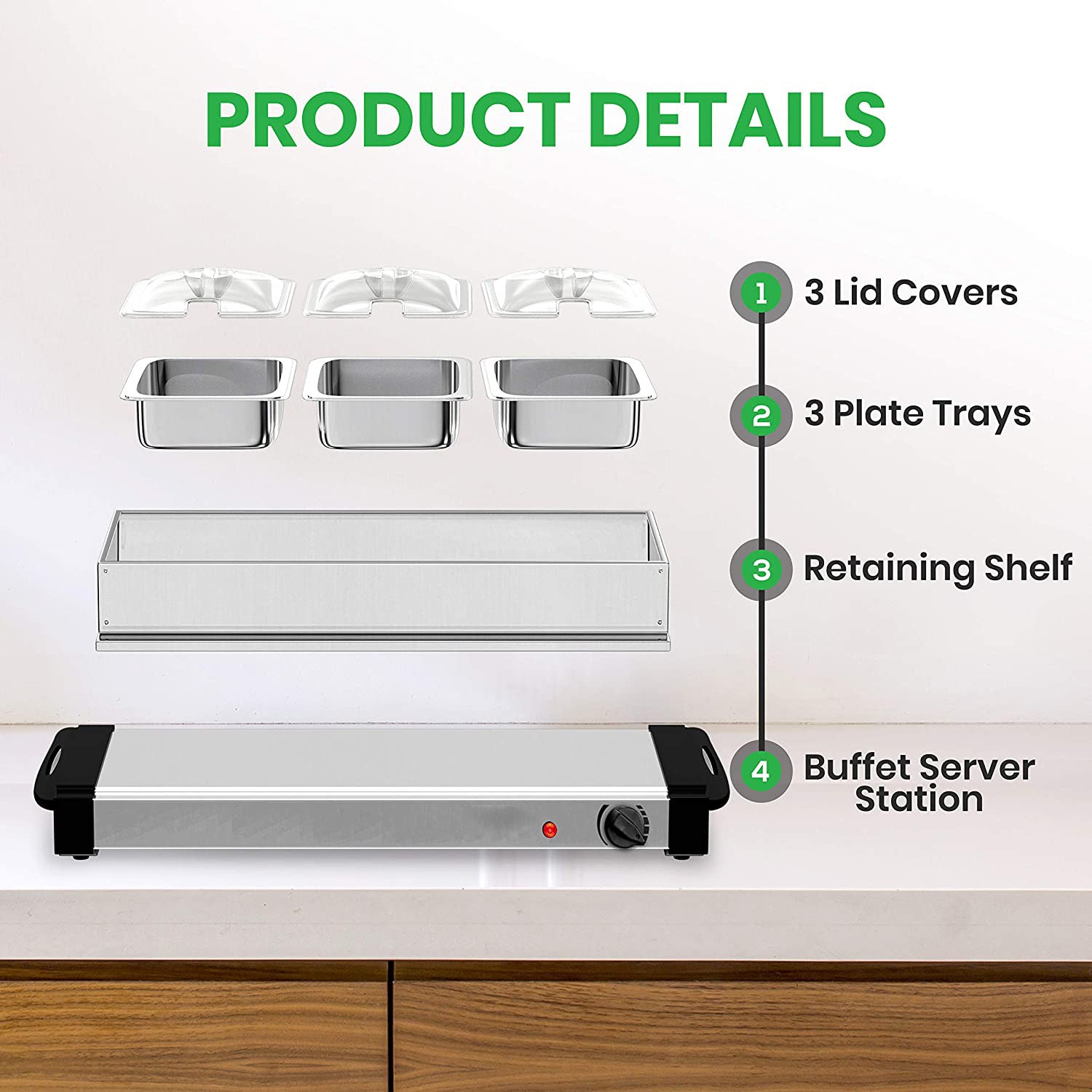 Chafing Dish con Placa Calefactora Eléctrico 3 Compartimentos HVB-300 Buffet. Selecto
