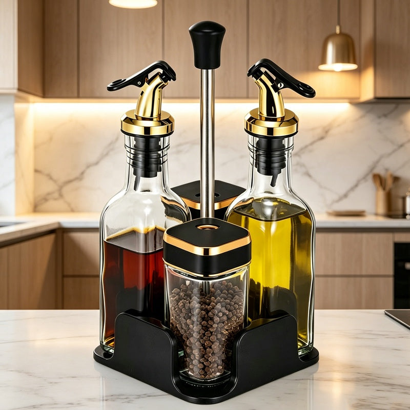 (LLEGANDO 7 DE AGOSTO) Set Organizador de Condimentos 5 Piezas con Dispensadores para Aceite, Vinagre y Sal | Porta Condimentos de Cocina | 87978