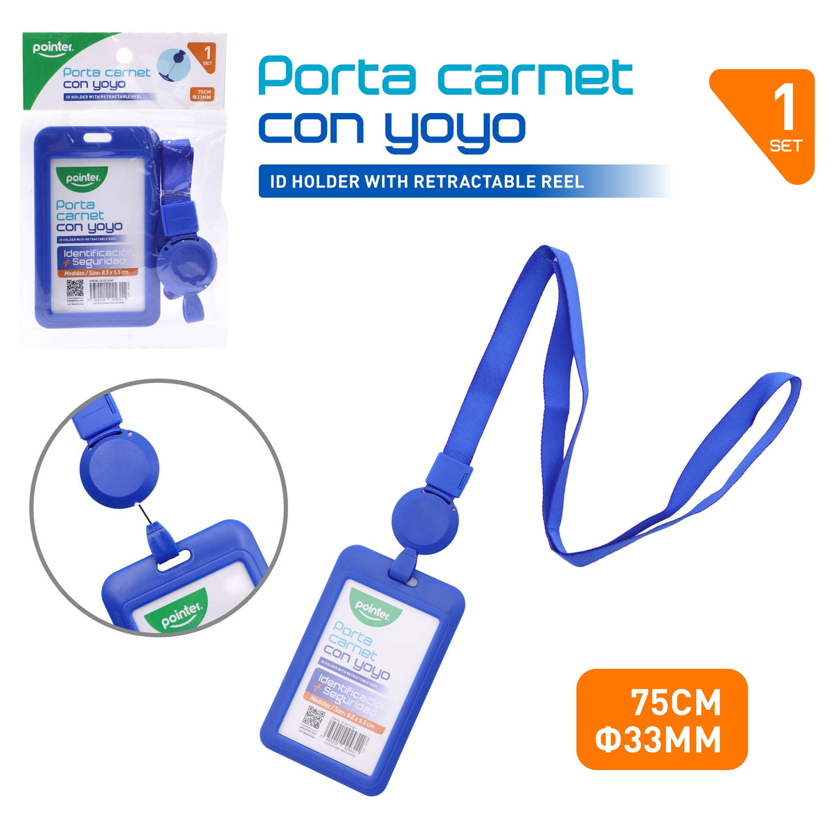 (LLEGANDO 25 DE SEPT) Porta Carnet con Yoyo Retráctil y Cinta para Cuello Azul Pointer ID-25114-BU