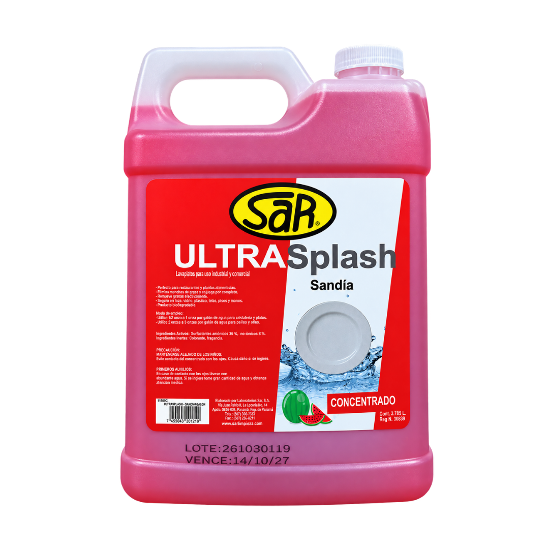 Lavaplatos Profesional SAR Ultra Splash Aroma Sandía en Galón 3.78 Litros – Detergente Líquido Concentrado Desengrasante para Platos, Vasos, Ollas y Utensilios de Cocina 1168DG