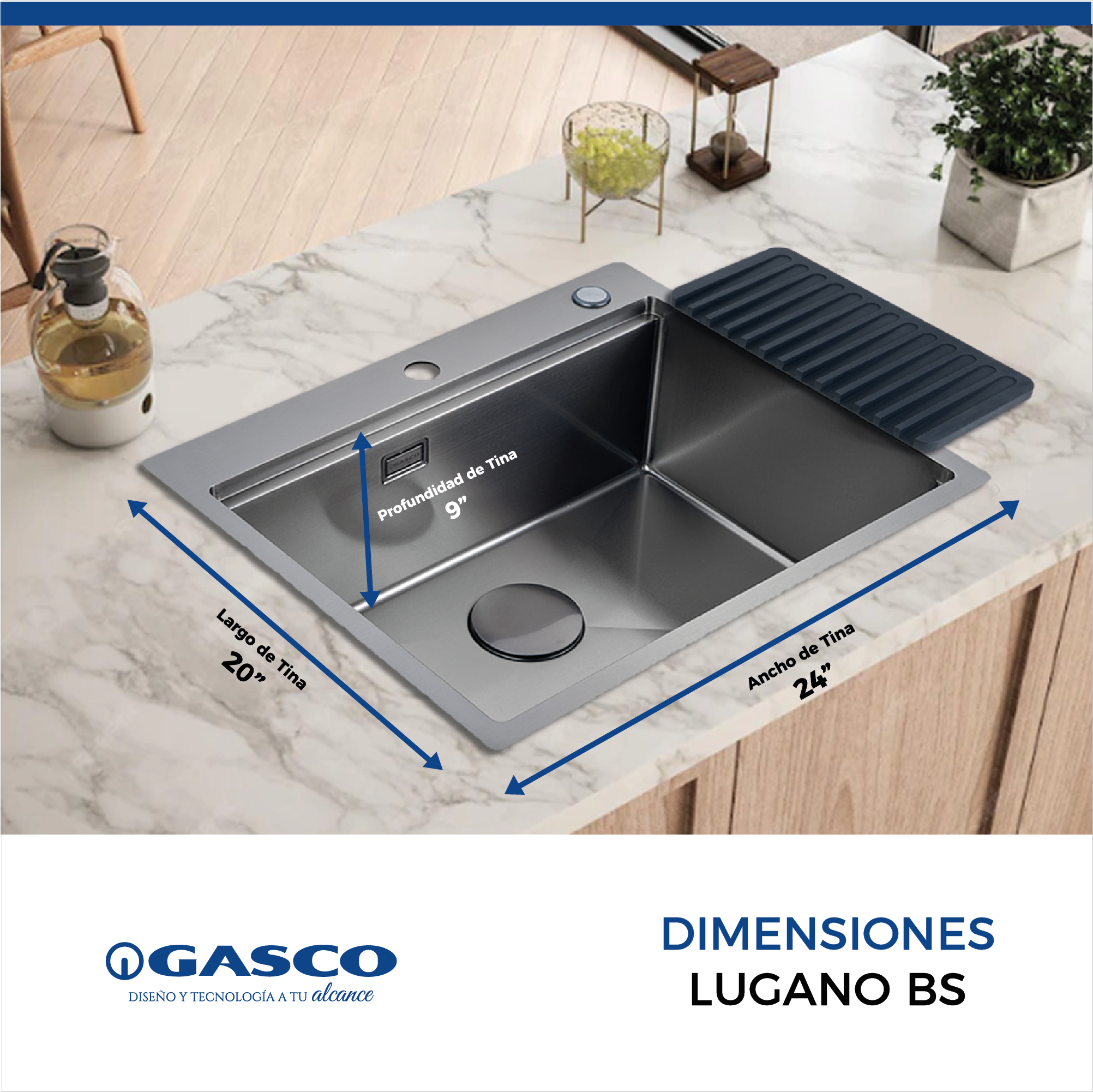 Fregador Sobre Bajo Tope + Grifo Toledo de Acero Inoxidable Negro Lugano BS Gasco GASCO