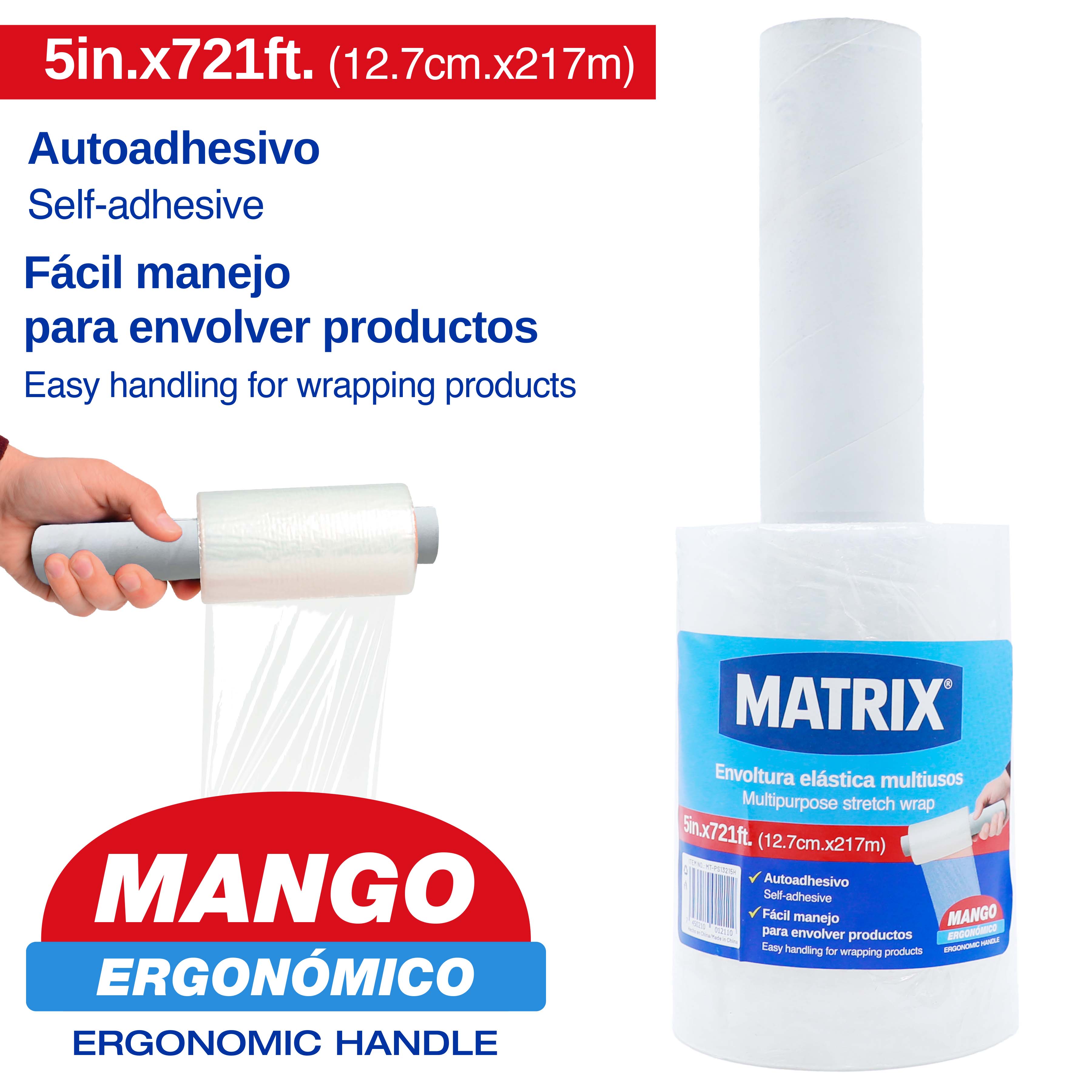 (LLEGANDO 5 DE JUNIO) Rollo De Plástico Transparente Para Embalar Stretch Film De 12.7x217m con Mango Ergonómico Matrix Envoltura Plástica. MT-PS13215H