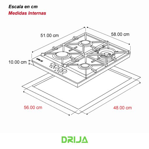 Estufa Empotrable de Acero Inoxidable 304 4 Quemadores Milán 60 PRO Drija DRIJA