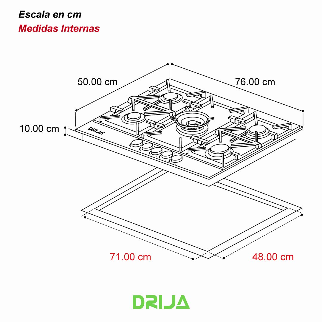 Estufa Empotrable de Acero Inoxidable 304 5 Quemadores Milán 76 PRO Drija DRIJA