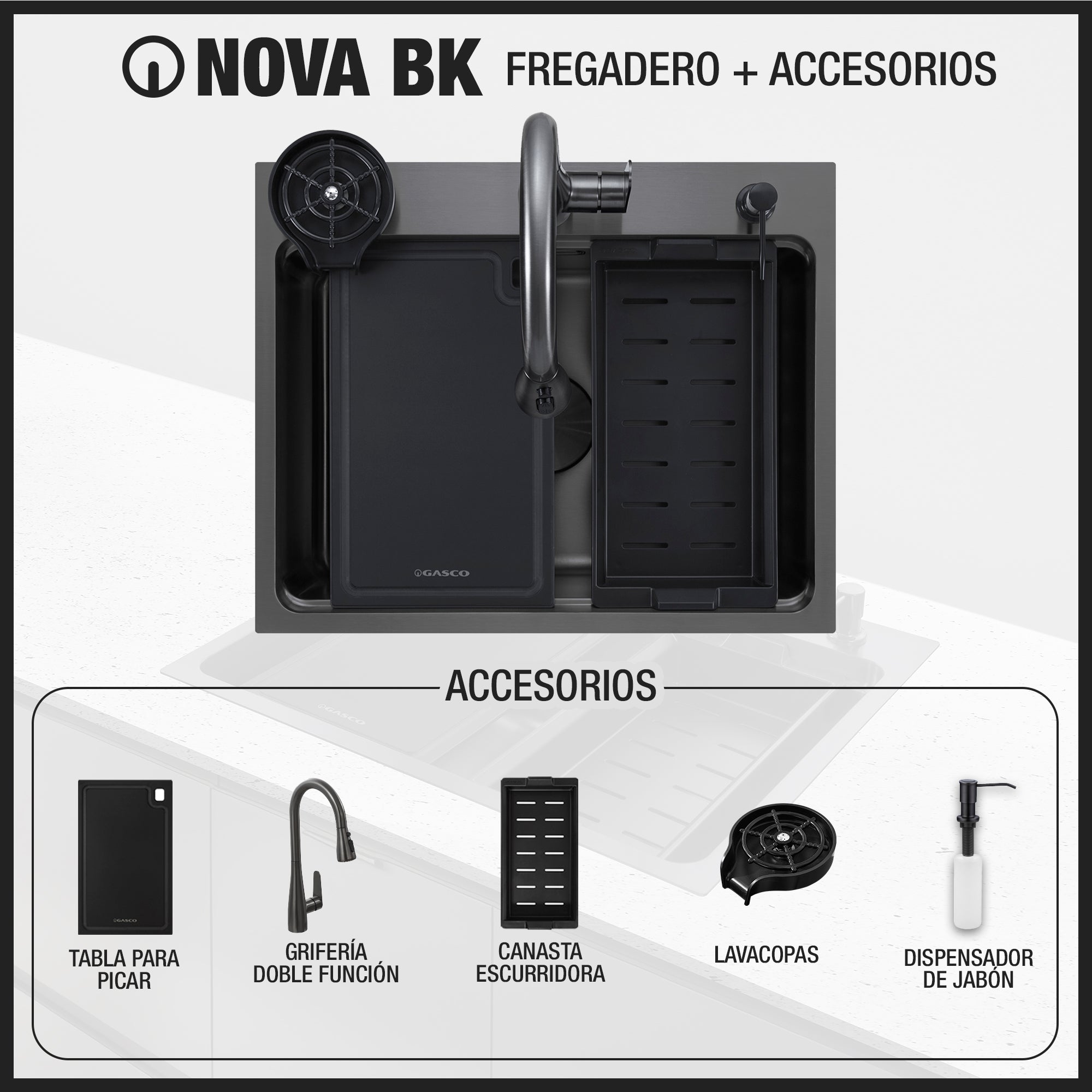 Kit Fregador + Grifo de Acero Inoxidable Negro 304 Nova BK Gasco GASCO