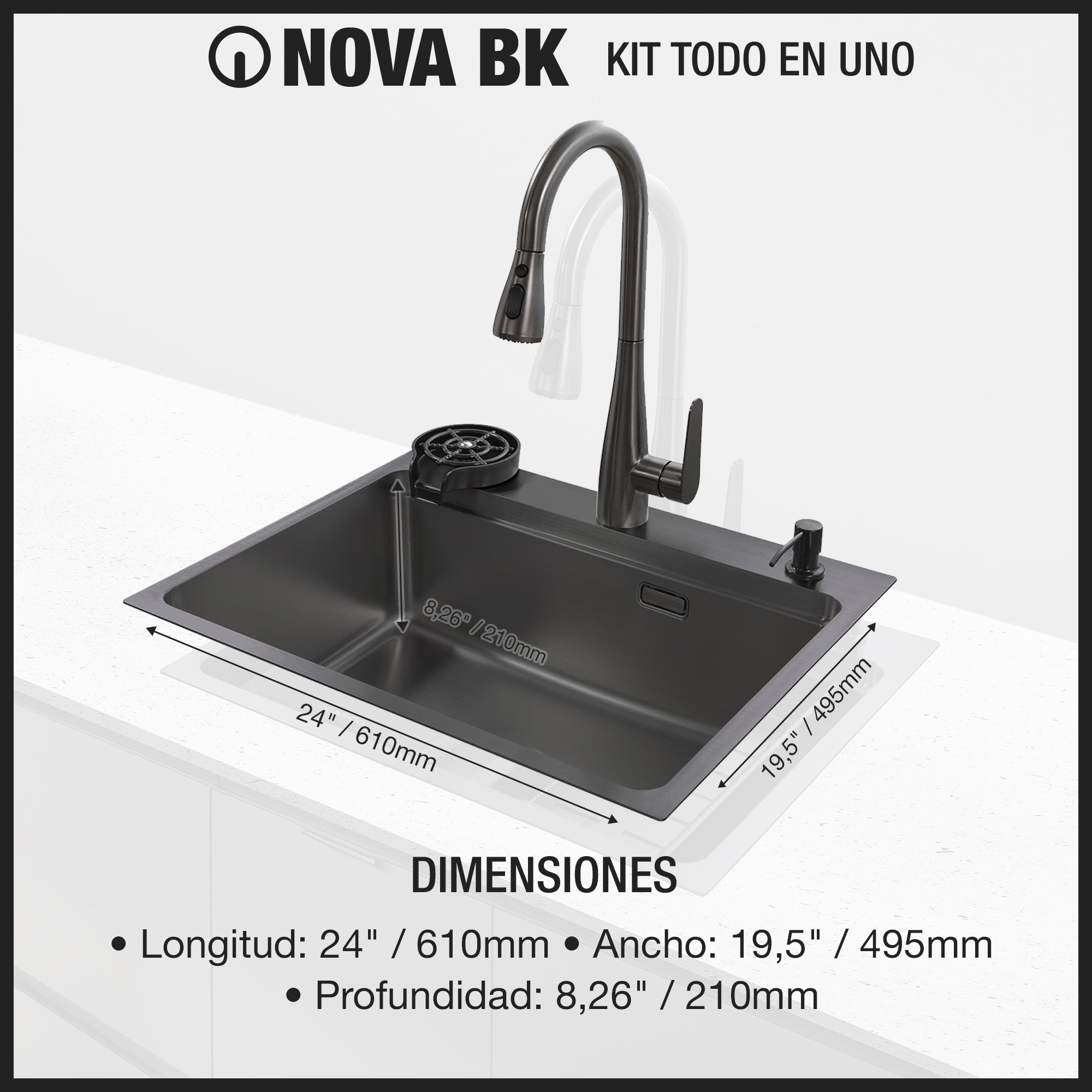 Kit Fregador + Grifo de Acero Inoxidable Negro 304 Nova BK Gasco