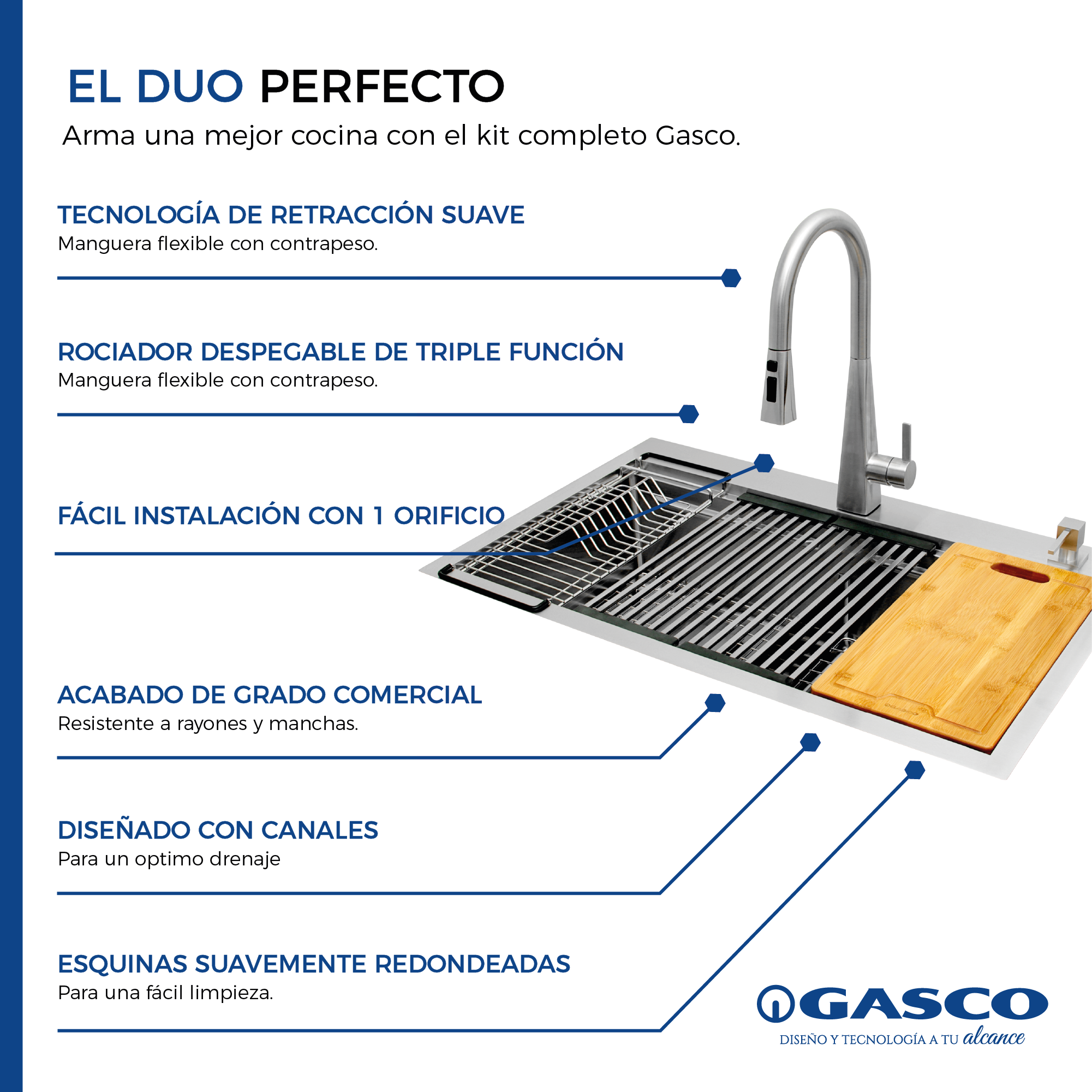 Kit Grifo + Fregador de Acero Inoxidable 2 Tinas Pescara Gasco GASCO