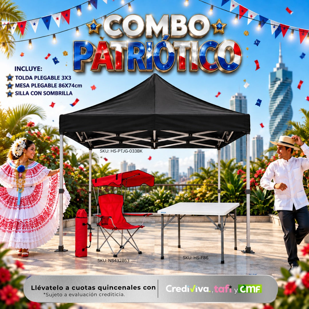 Combo Patriótico Selecto – Tolda Plegable 3×3 m Negra + Mesa Plegable de 86×74 cm + Silla Plegable con Sombrilla Roja COMB-PATRIOTICO