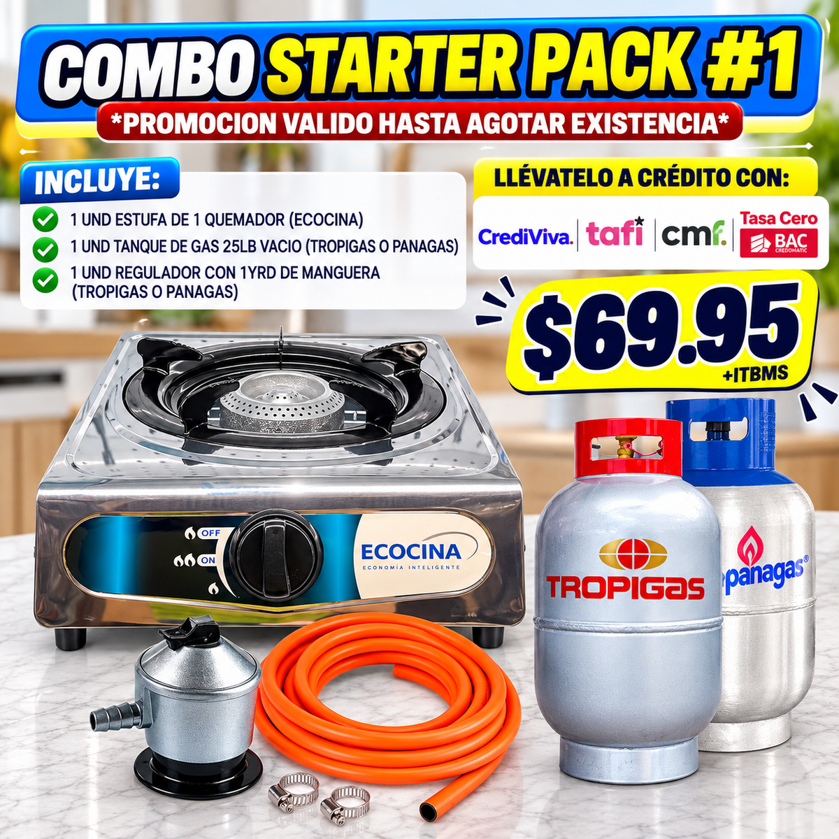 Combo Estufa a Gas Ecocina de 1 Quemador + Tanque de Gas 25 lb + Regulador y Manguera Starter Pack #1
