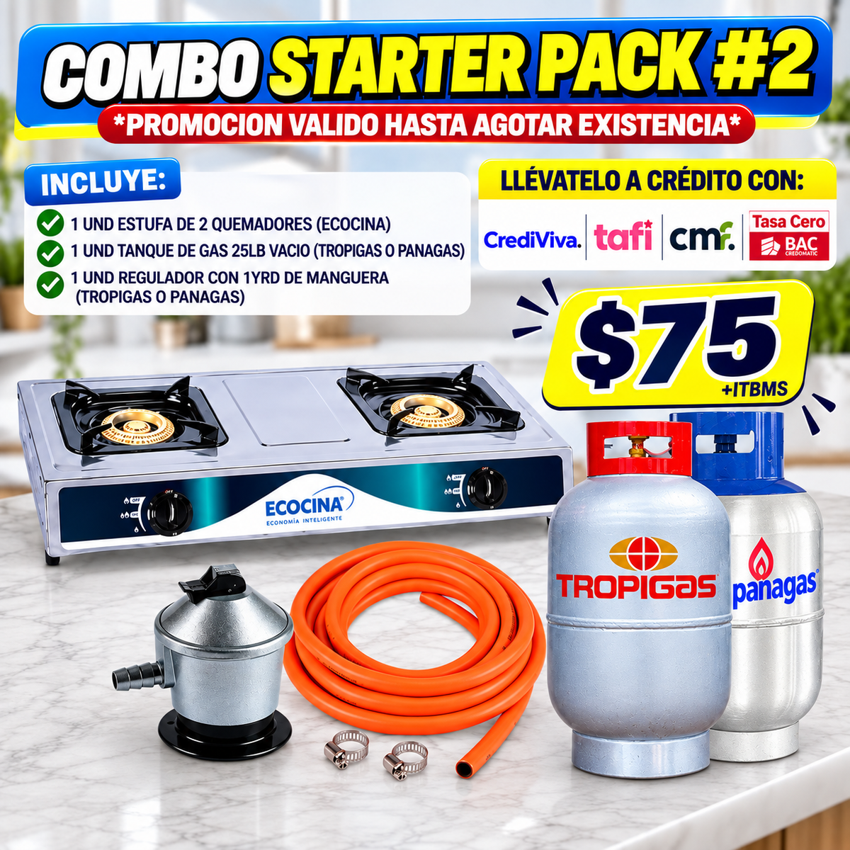 Combo Estufa a Gas Ecocina de 2 Quemadores + Tanque de Gas 25 lb + Regulador y Manguera Starter Pack #2
