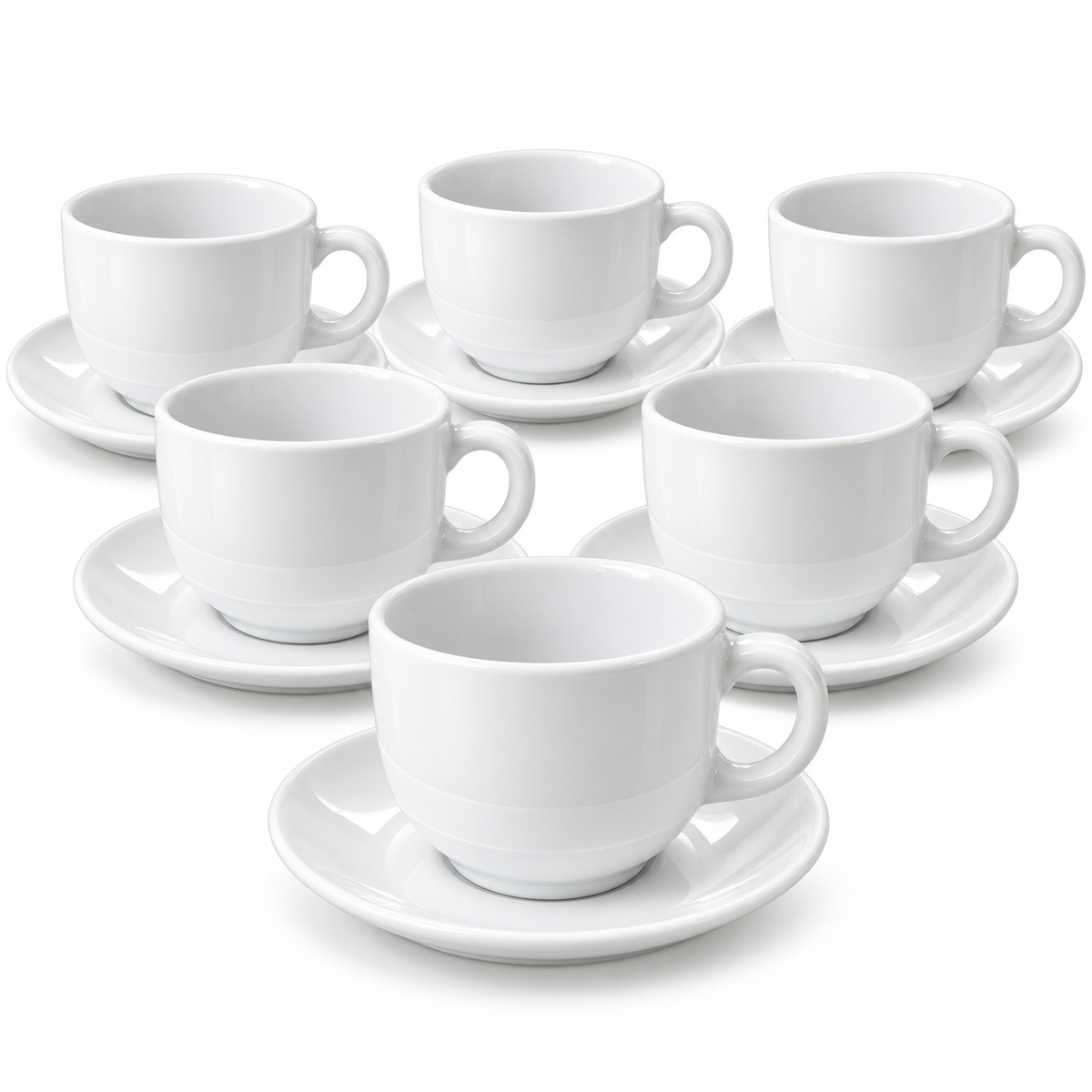 Set de 6 Tazas de Café con Plato de Porcelana Blanca 300 ml – Tazas para Café, Té, Cappuccino y Desayuno 16001-001