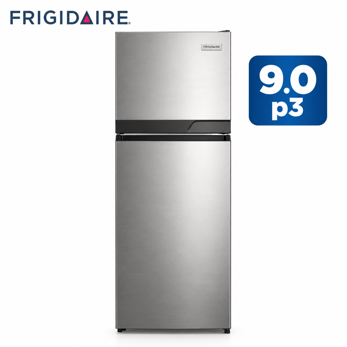 Refrigeradora Nevera Frigidaire Top Mount 9 Pies³ Inverter con Congelador Superior, Iluminación LED y Bandejas de Vidrio Templado Plateada FRT09A3N6CS