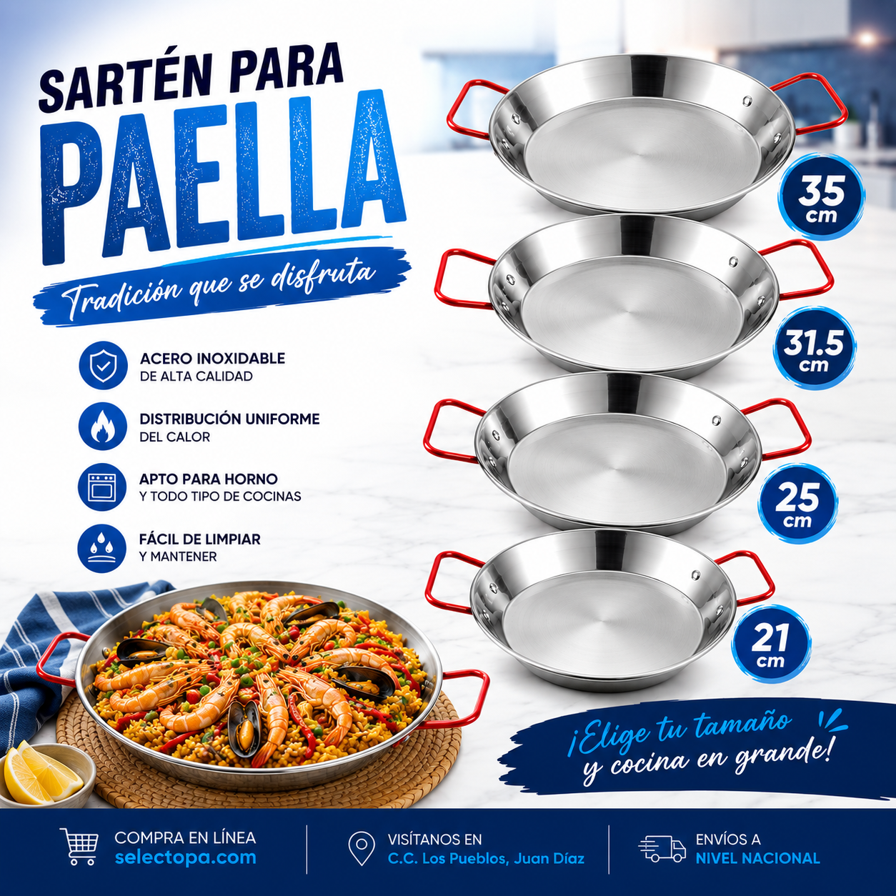 (LLEGANDO 30 DE SEPT) Sartén para Paella de Acero Inoxidable SS201 | 4 Tamaños Disponibles | 21cm 230101 | 25cm 230102 | 31.5cm 230103 | 35cm 230104