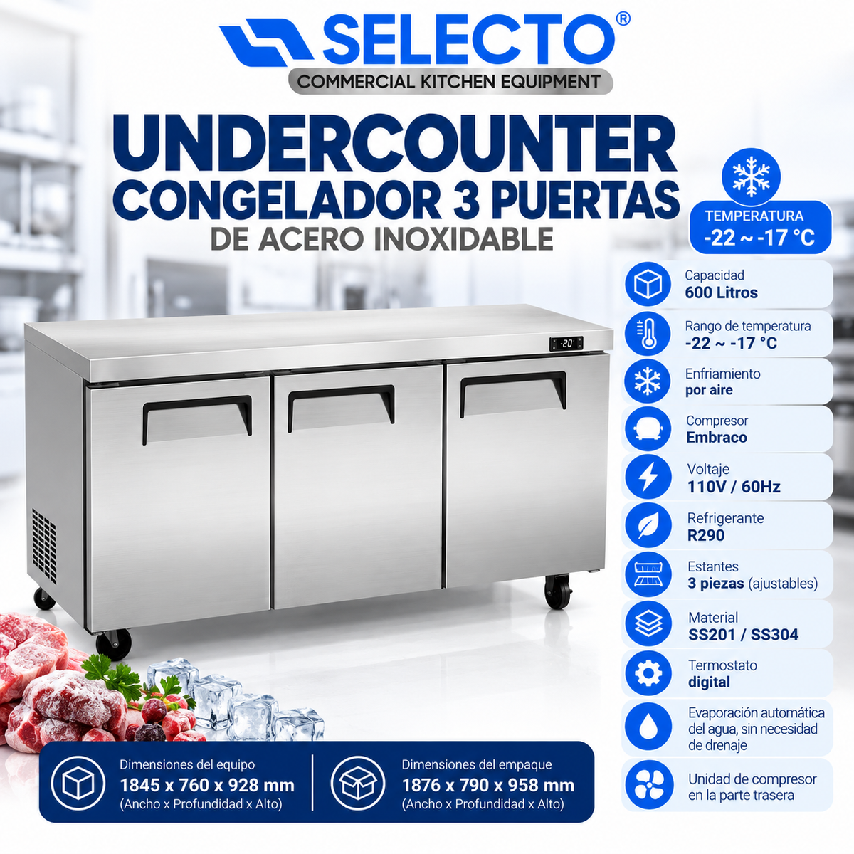 (LLEGANDO 20 DE OCTUBRE) Congelador Undercounter Industrial de 3 Puertas 600 Litros Acero Inoxidable UNDF-03