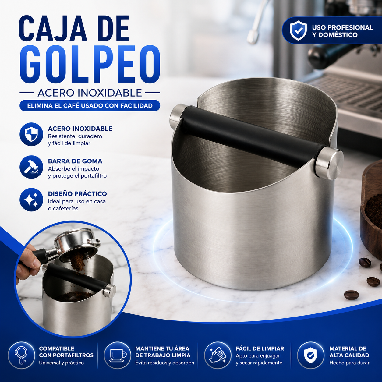 (LLEGANDO 30 DE SEPT) Caja de Golpe para Café de Acero Inoxidable 11.4cm – Knock Box | Caja de Desechos| 600901