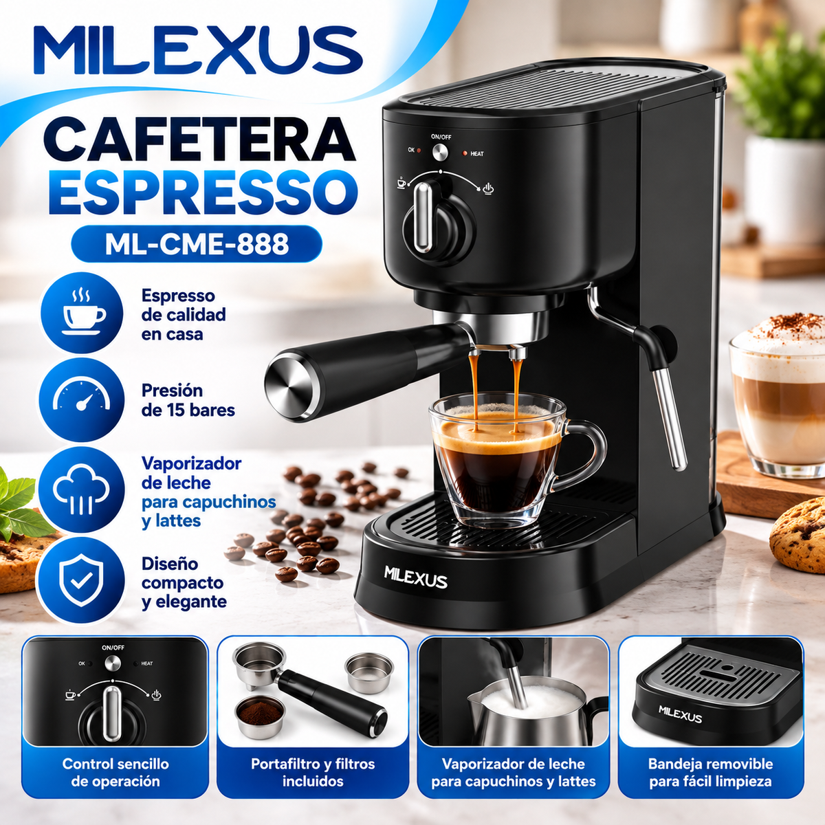 Cafetera Espresso Milexus con Espumador de Leche y Portafiltro Negra ML-CME-888