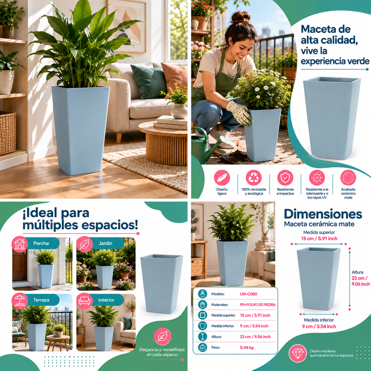 Maceta Decorativa Cuadrada Gris Oscuro Con Acabado Cerámico Mate Para Interior Y Exterior L15*H23cm Resistente A Rayos UV. UN-C080