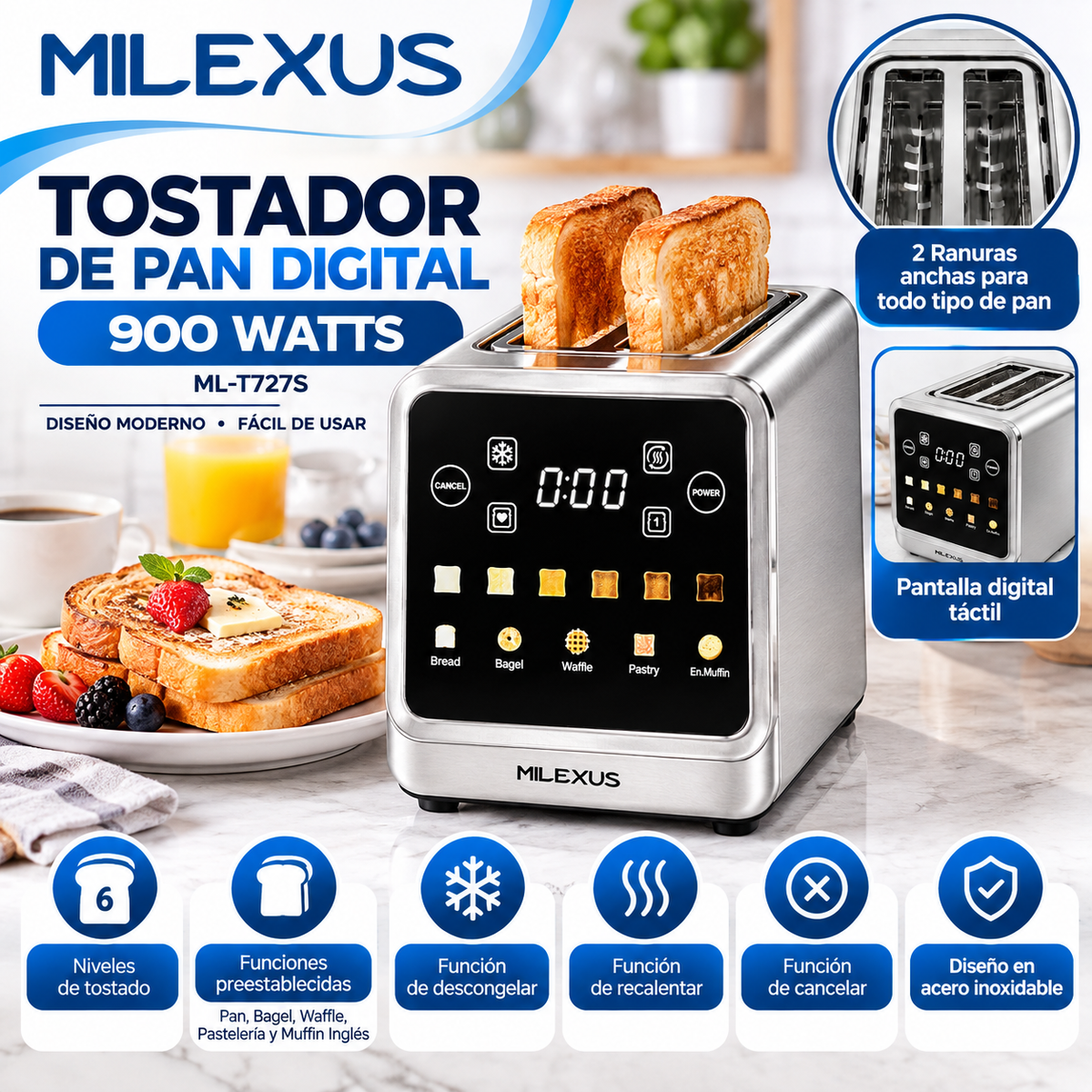 Tostador de Pan Digital Milexus 2 Rebanadas 900W con Pantalla Táctil y 6 Niveles de Tostado ML-T727S