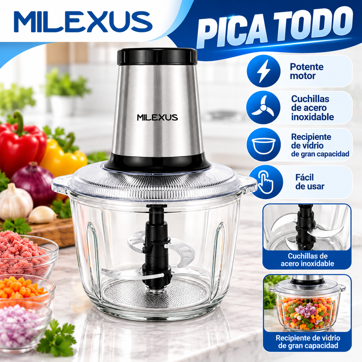 Procesador y Picador de Alimentos Eléctrico 3 en 1 Pica Todo Milexus ML-C888-3N1