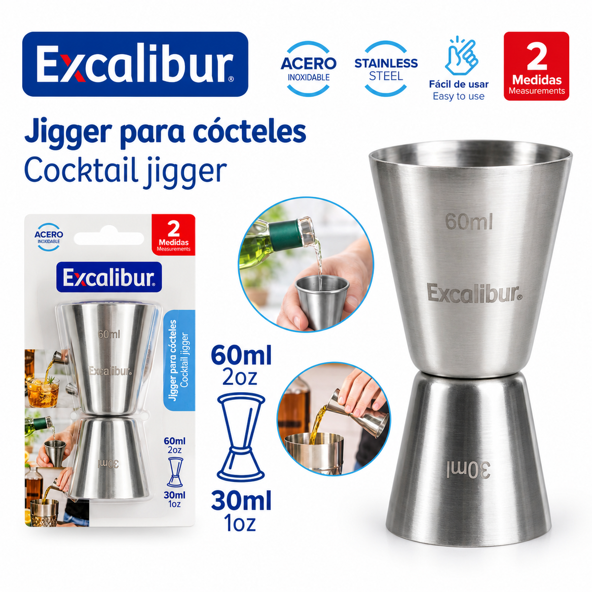 (LLEGANDO 25 DE SEPT) Jigger Medidor para Cócteles de Acero Inoxidable 30/60 ml Excalibur A164-WCP3060