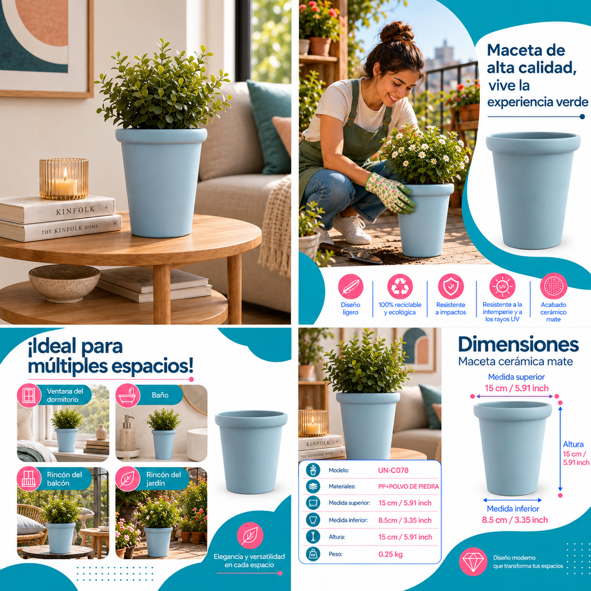 Maceta Decorativa Gris Oscuro Con Borde Redondeado Y Acabado Cerámico Mate Para Interior Y Exterior D15*H15cm Resistente A Rayos UV. UN-C078