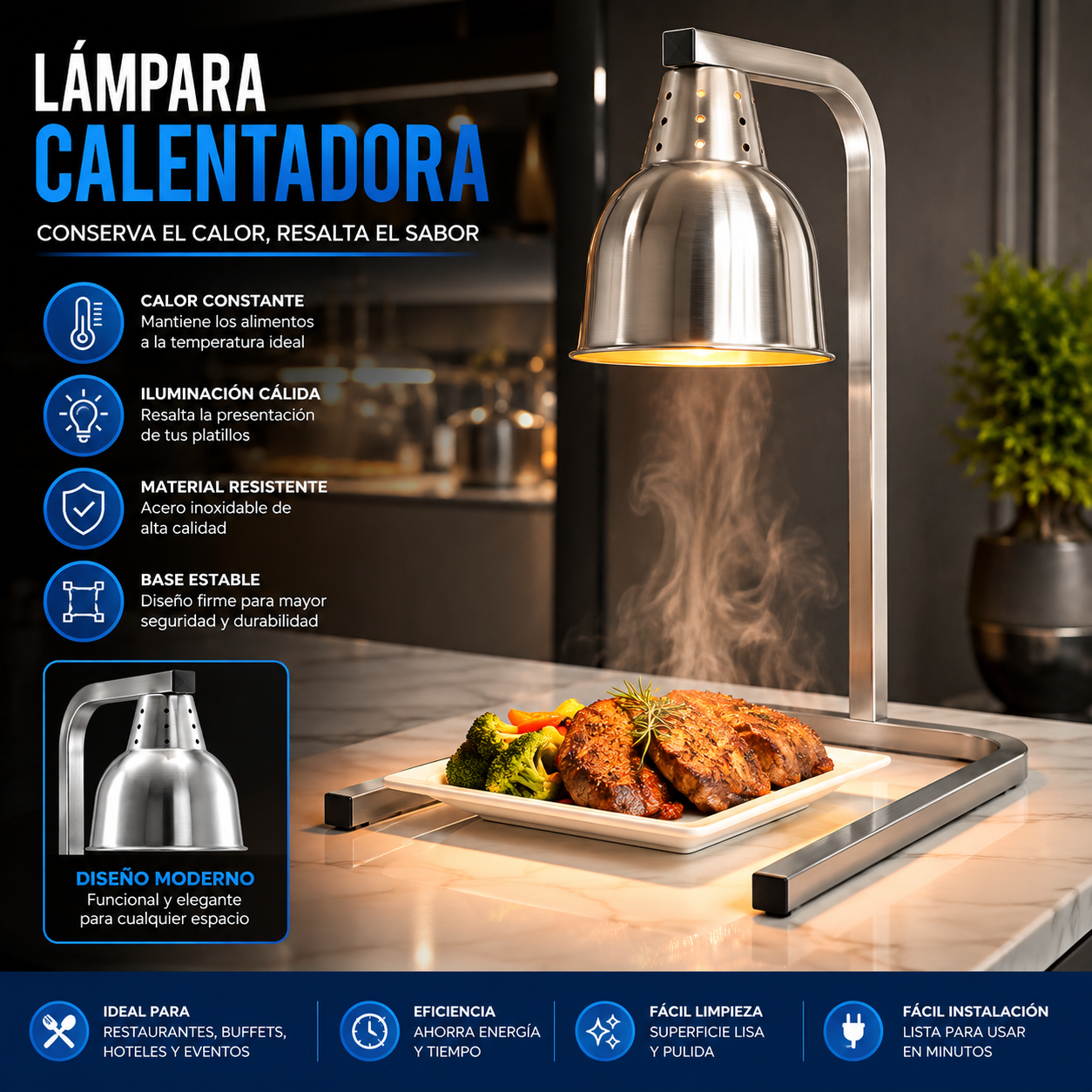 (LLEGANDO 30 DE SEPT) Lámpara Calentadora Calefacción de Alimentos 250W de Acero Inoxidable – Uso Comercial 1 Cabezal H90181